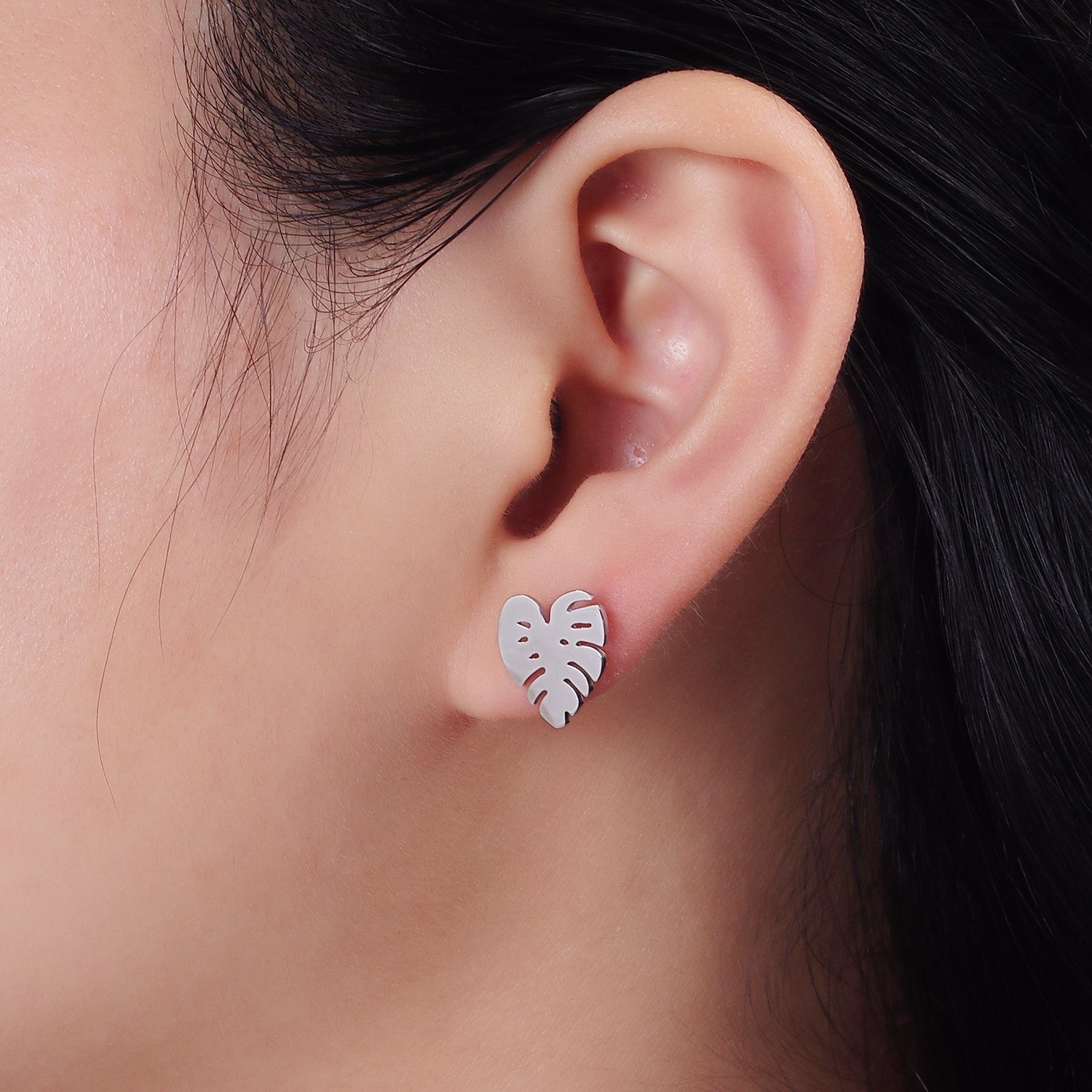 Stainless Steel 10mm Monstera Palm Leaf Open Stud Earrings | AE727 - DLUXCA