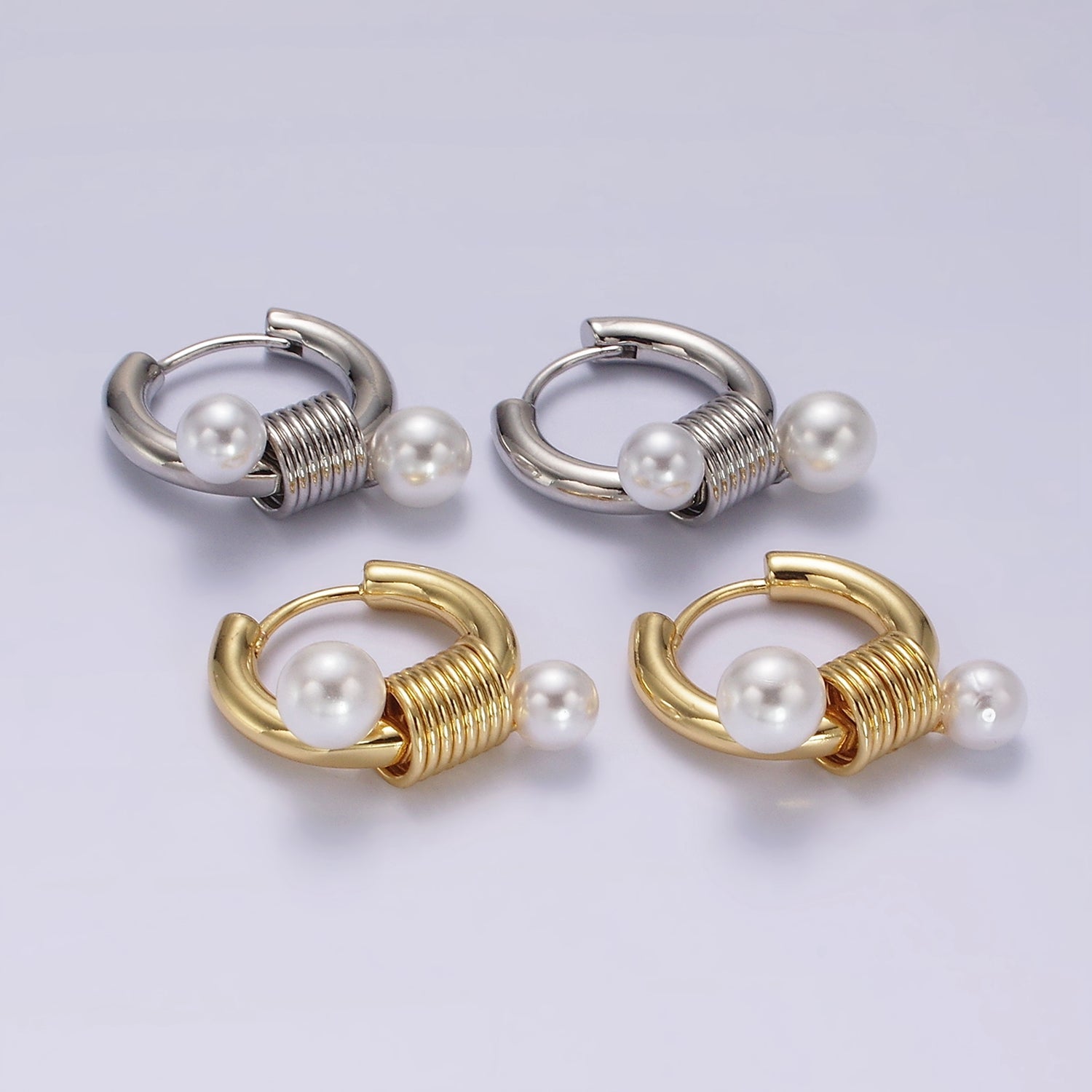 14K Gold Filled Double Pearl Spiral 20mm Huggie Earrings in Gold & Silver | AE197 AE198 - DLUXCA