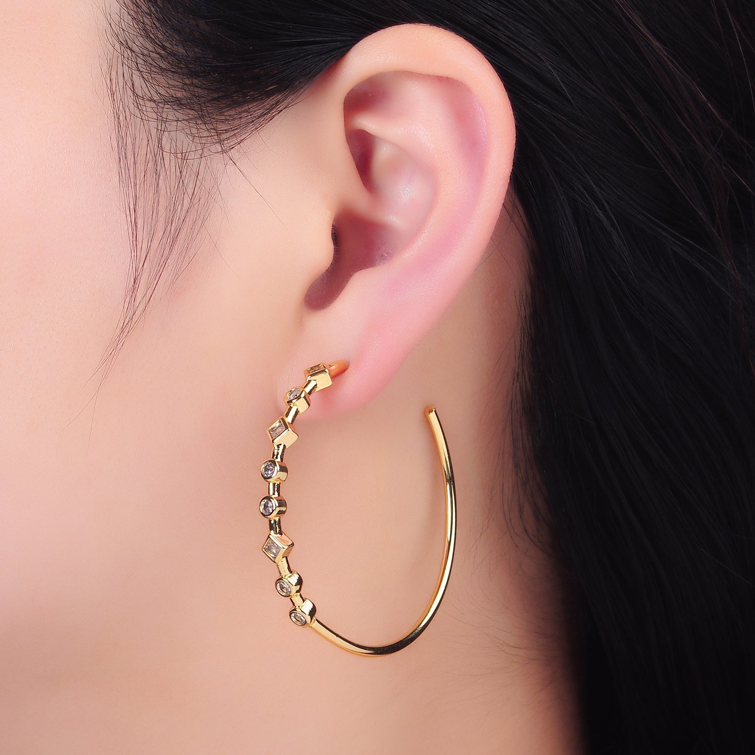24K Gold Filled 50mm Clear CZ Geometric C-Shaped Hoop Earrings | T125