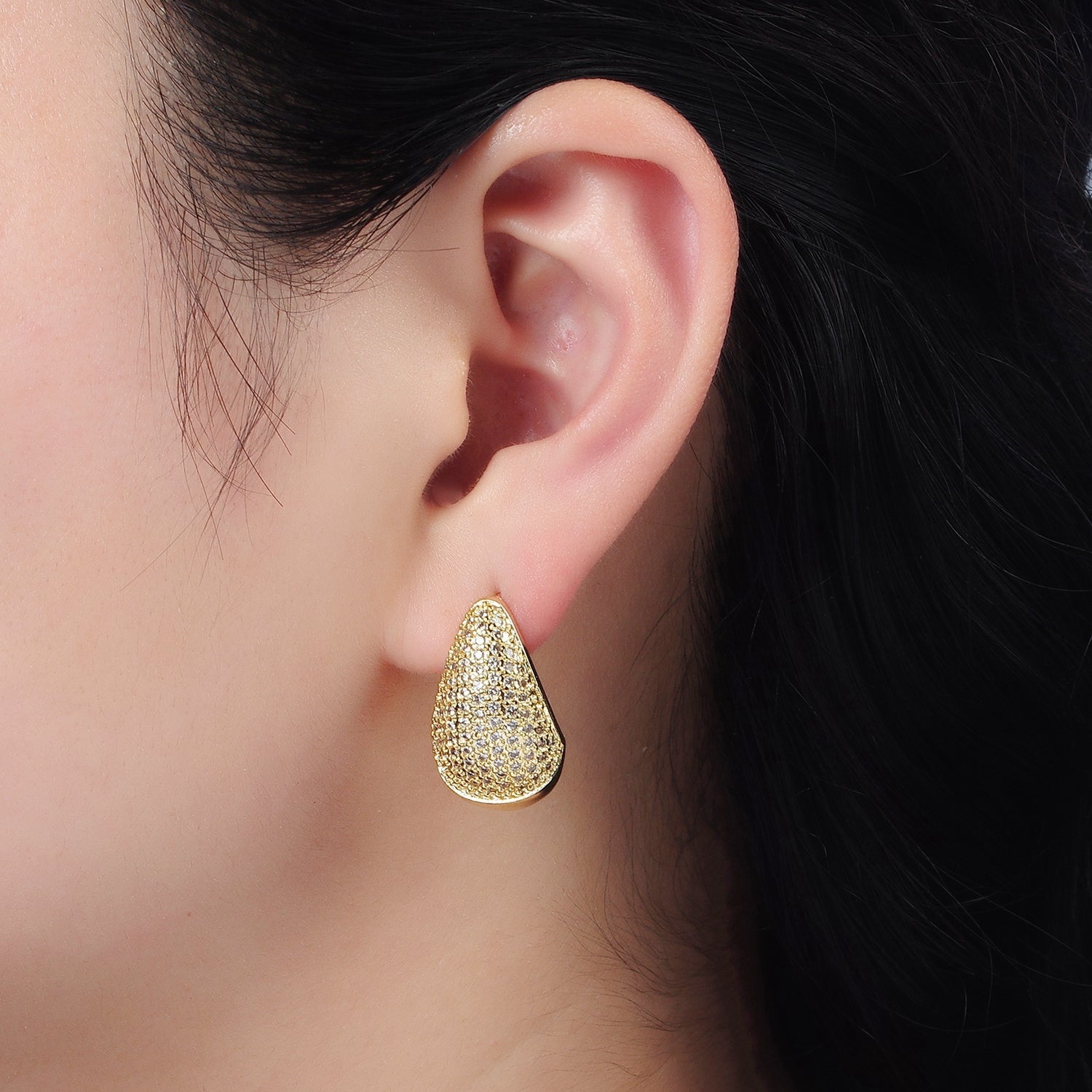 14K Gold Filled 23mm Clear Micro Paved CZ Teardrop J-Shaped Hoop Earrings | AE421