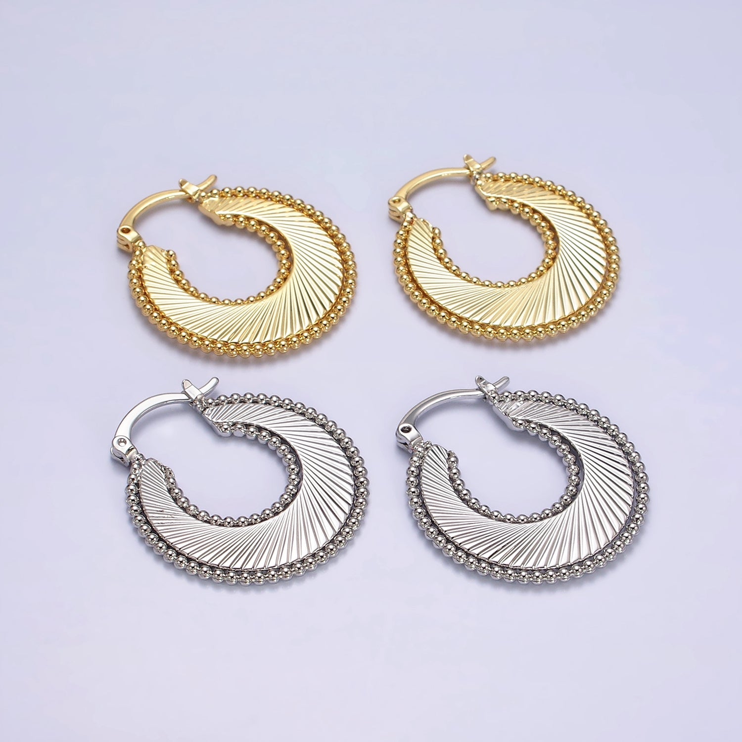 24K Gold Filled 30mm Spiral Line Beaded Bubble French Lock Latch Hoop Earrings in Gold & Silver | AE614 AE615 - DLUXCA