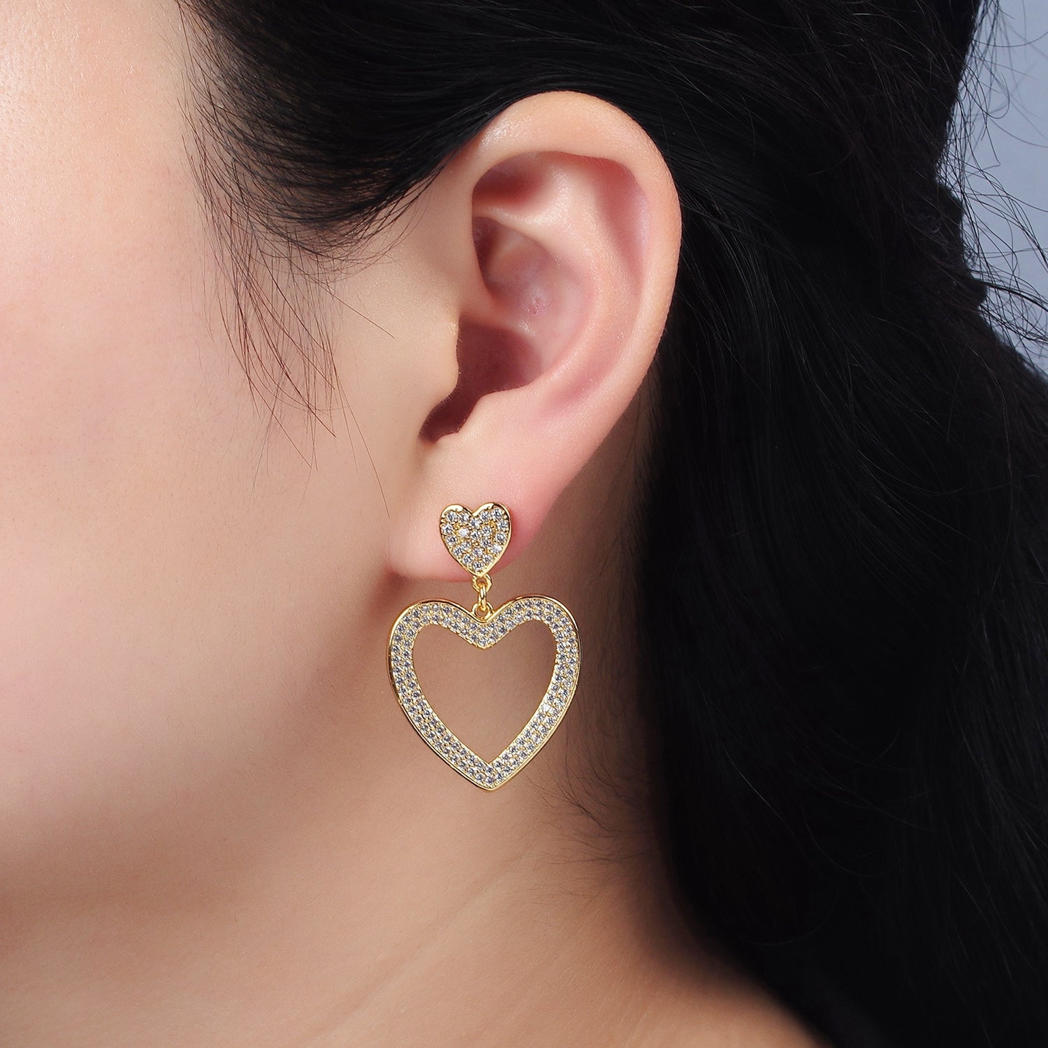 14K Gold Filled Double Heart Open Micro Paved CZ Drop Stud Earrings | AE422