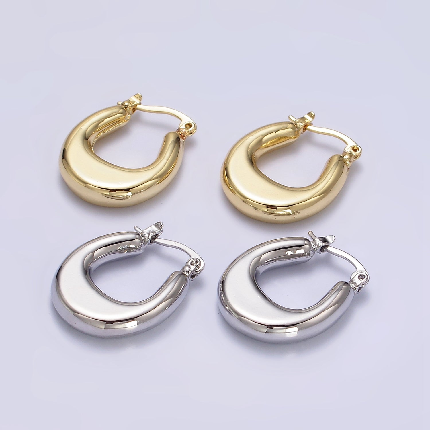 24K Gold Filled U-Shaped Edged Chubby French Lock Latch Hoop Earrings in Gold & Silver | AE612 AE613 - DLUXCA