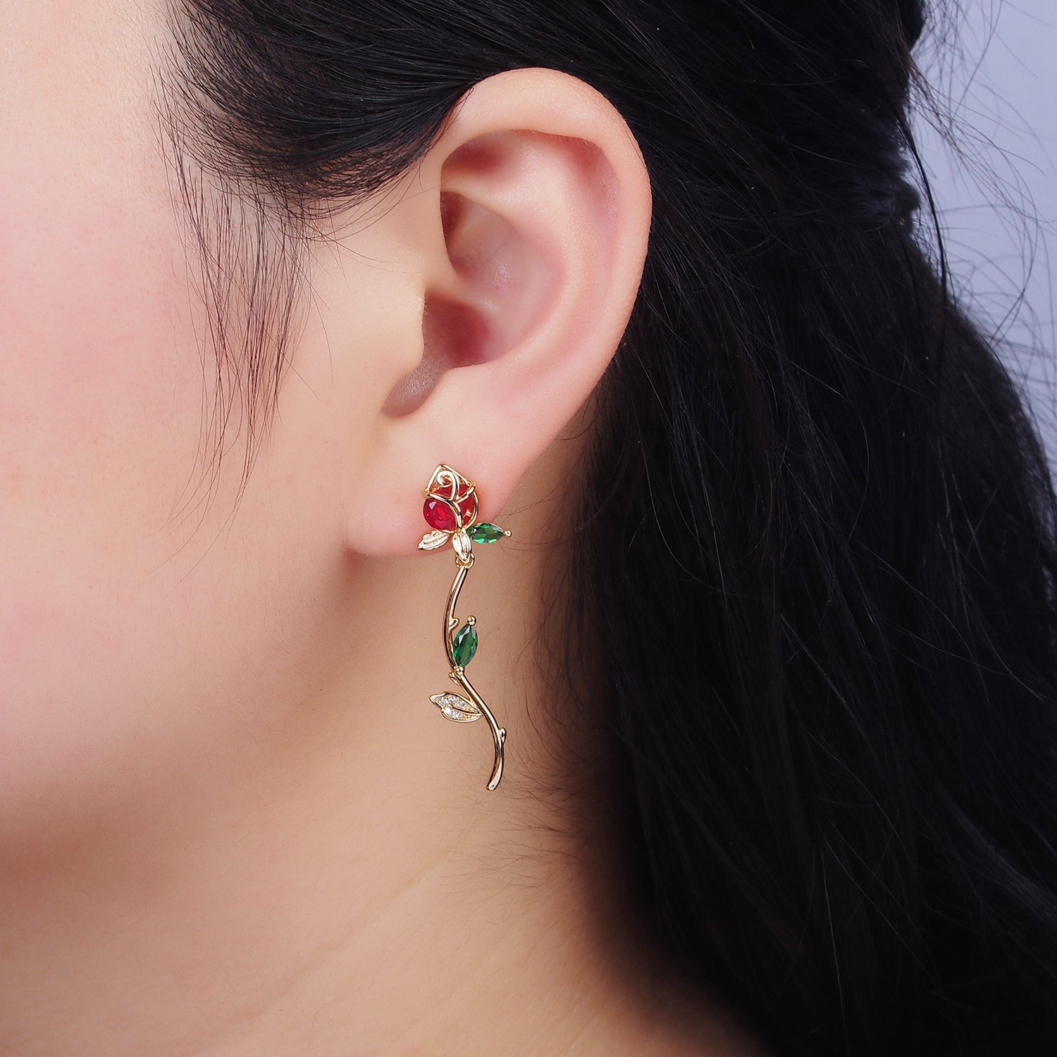 16K Gold Filled Red, Pink Rose Flower Green Marquise CZ Gold Stud Earrings | AE825 AE826 - DLUXCA