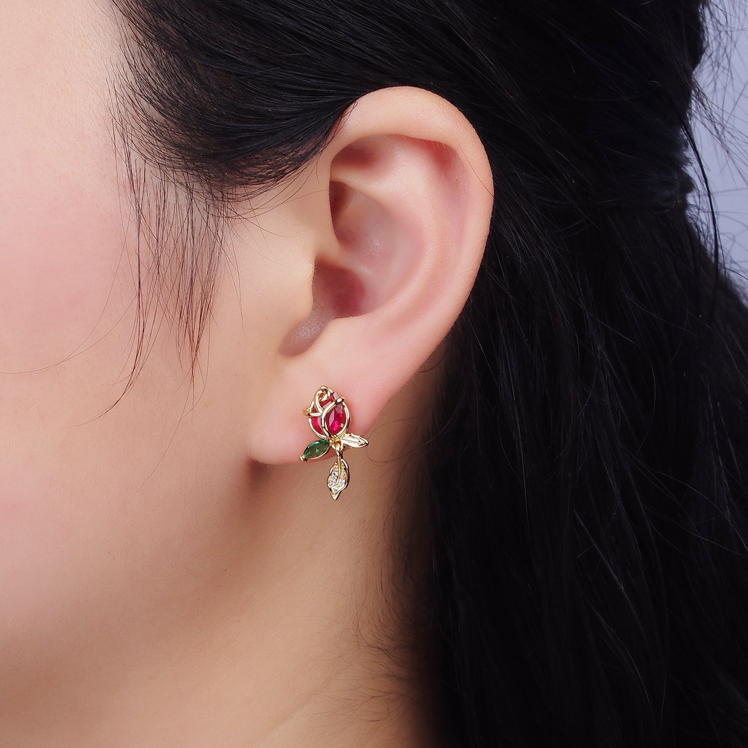 Pink Rose Flower Stud Earring AE-768 - DLUXCA