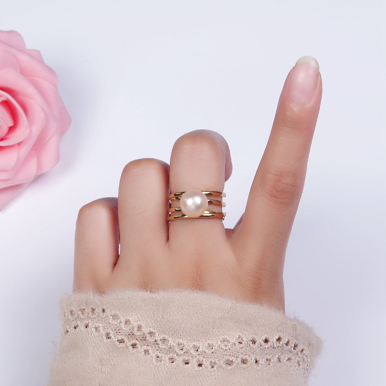 14K Gold Filled White, Pink Pearl Multiple Band Ring in Gold & Silver | O1156 - O1159 - DLUXCA