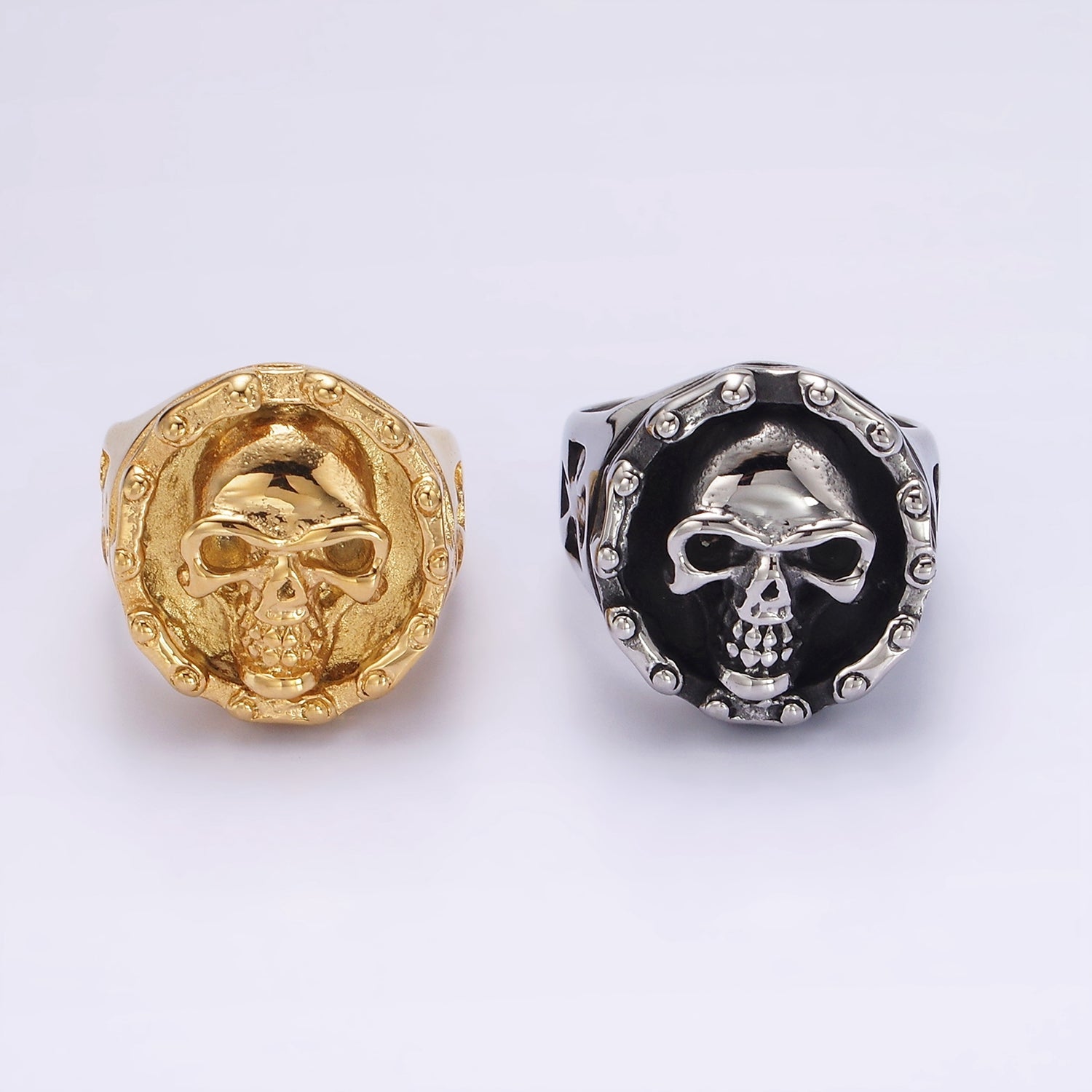 Stainless Steel Human Skull Skeleton Dotted Round Bolnisi Cross Signet Ring in Silver & Gold | O716, O724 - DLUXCA