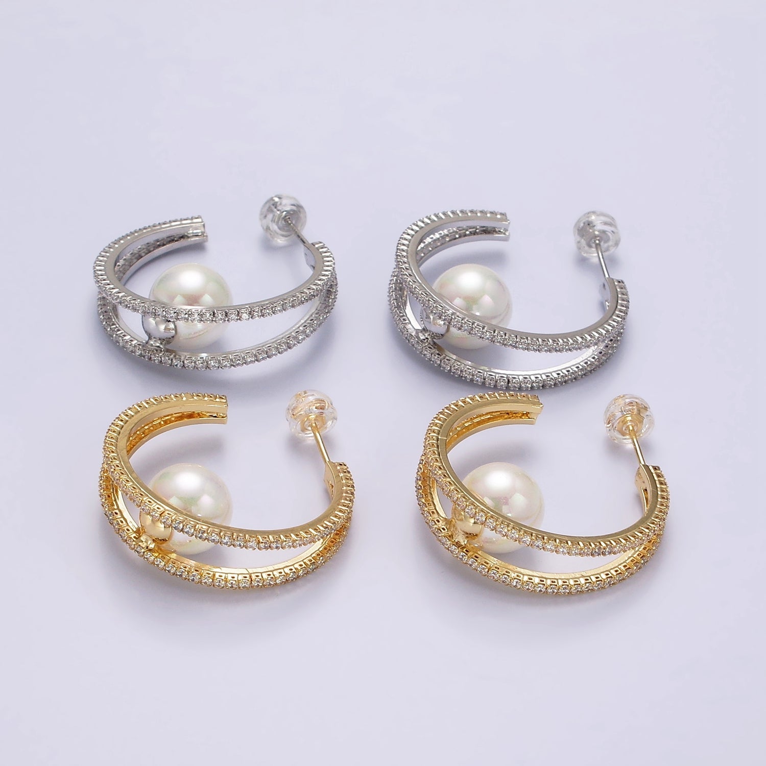 14K Gold Filled 30mm Pearl Double CZ Lined C-Shaped Hoop Earrings in Silver & Gold | AE238 AE239 - DLUXCA