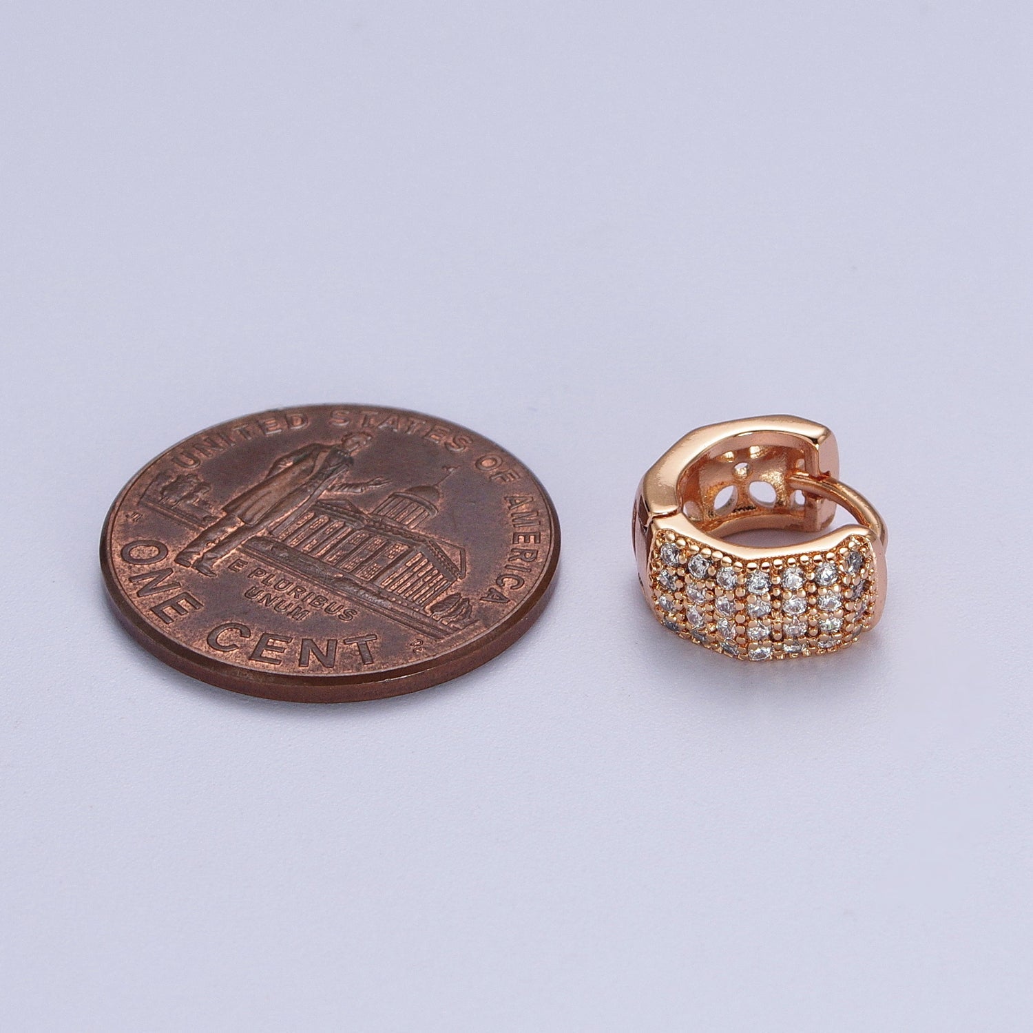11mm Wide Hexagonal Clear Micro Paved CZ Huggie Earrings in Silver & Pinky Gold  P-077 AB-010