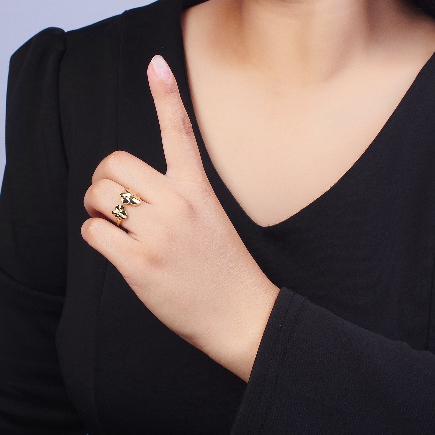 Double Bowed Mouse Open Adjustable Gold Minimalist Ring | Y477 - DLUXCA