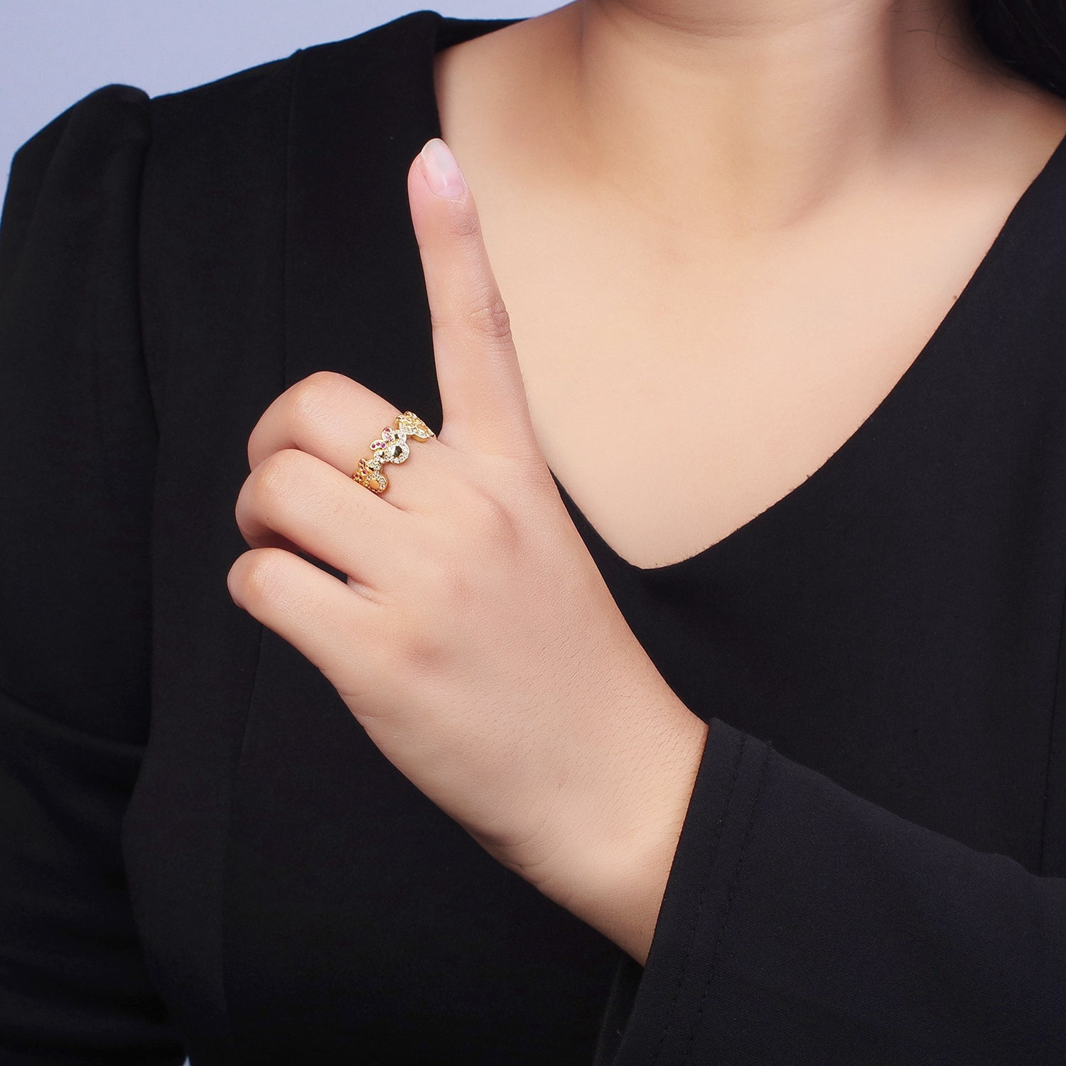 Clear Micro Paved CZ Fuchsia-Bowed Mouses Adjustable Gold Ring | Y478 - DLUXCA