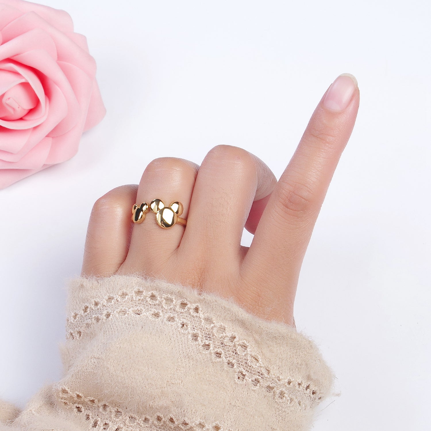 Double Cute Mouse Open Adjustable Gold Minimalist Ring | Y476 - DLUXCA