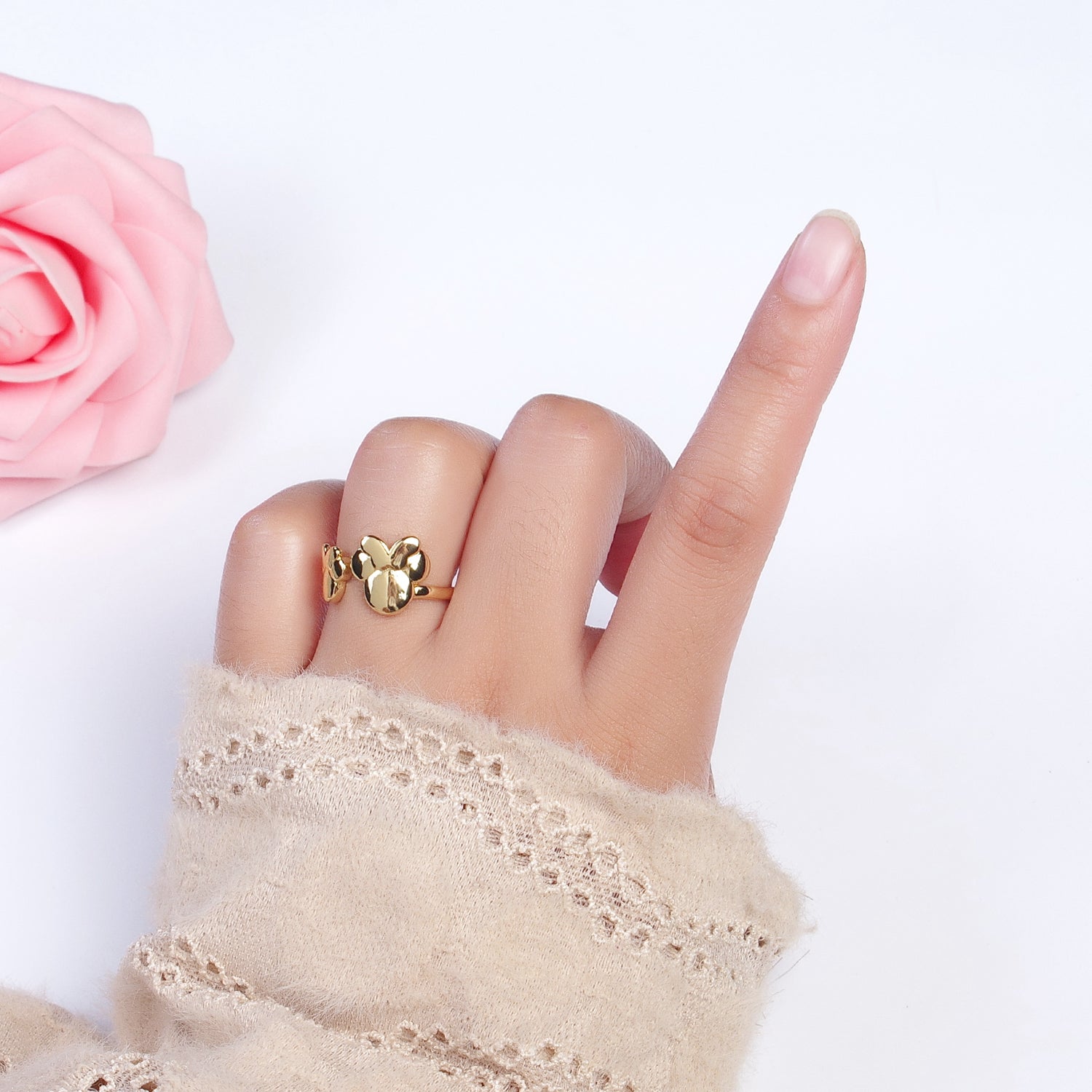 Double Bowed Mouse Open Adjustable Gold Minimalist Ring | Y477 - DLUXCA