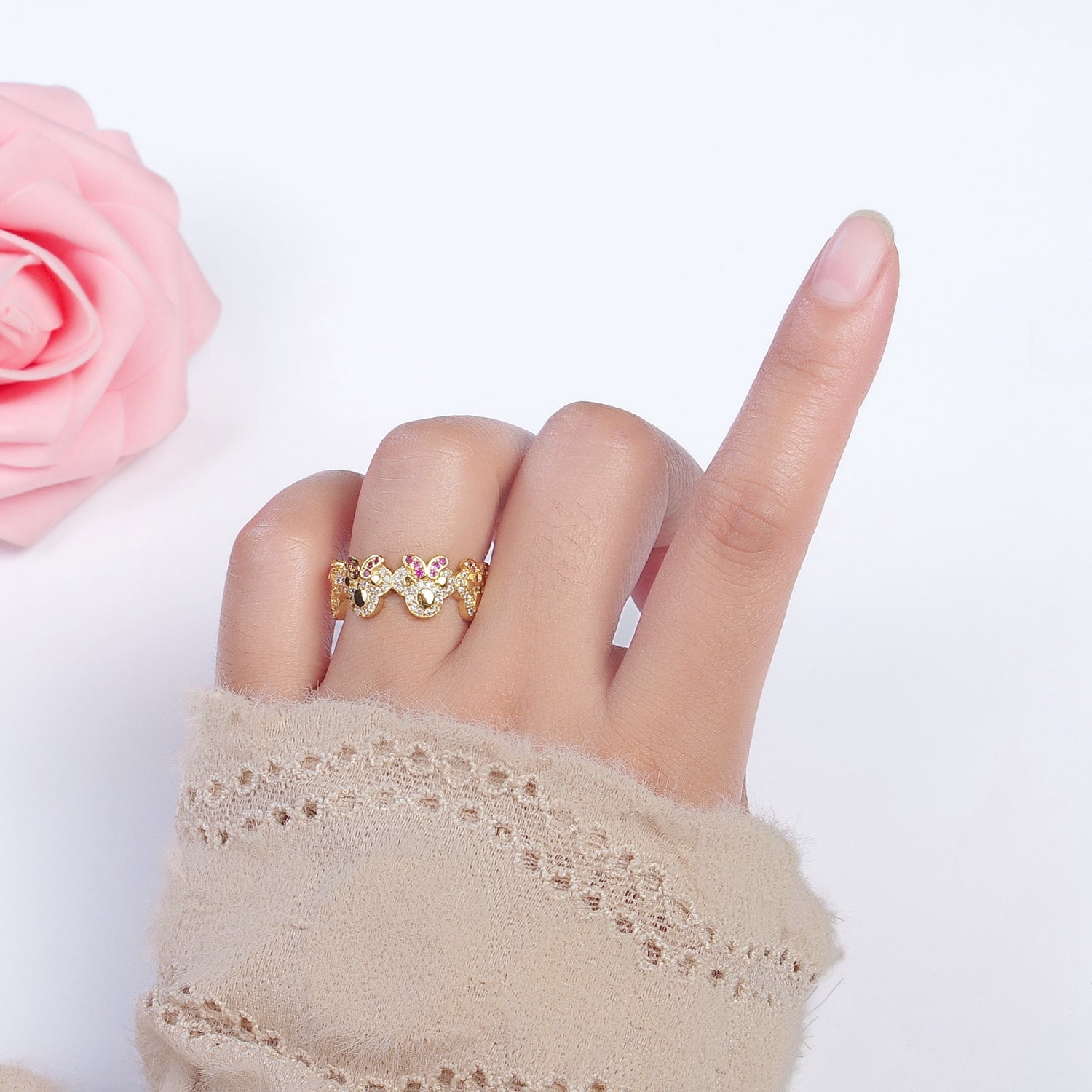 Clear Micro Paved CZ Fuchsia-Bowed Mouses Adjustable Gold Ring | Y478 - DLUXCA