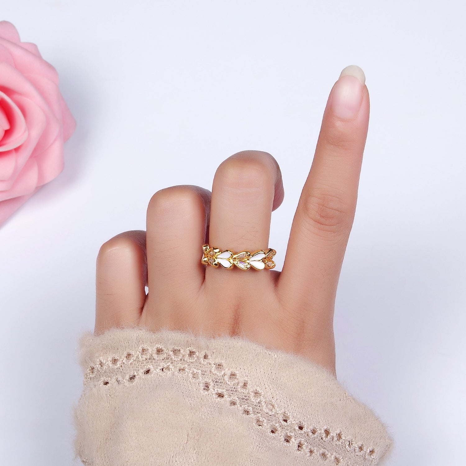 14K Gold Filled White Enamel Baguette Heart Lined Ring | O1172 - DLUXCA