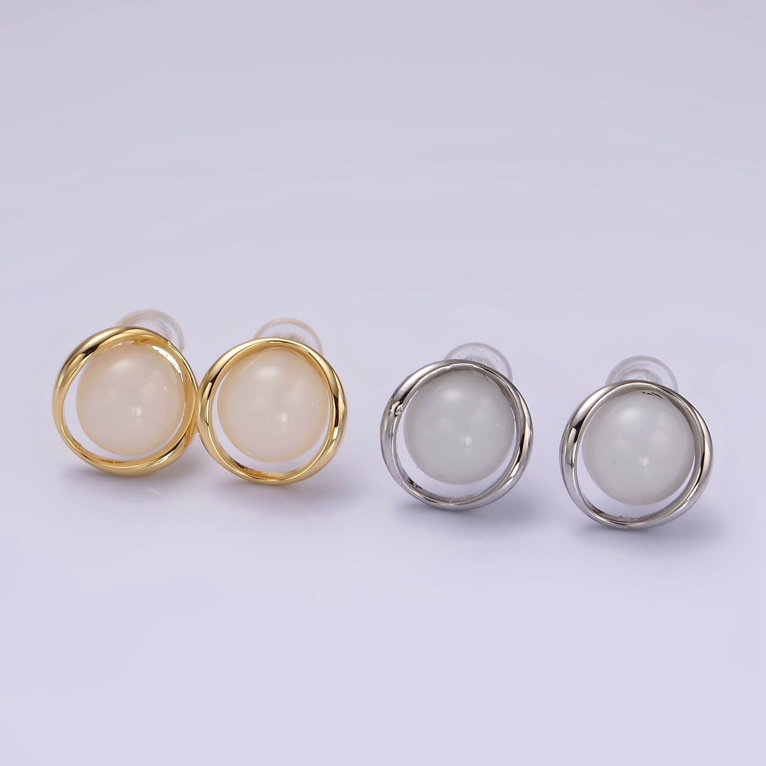 14K Gold Filled White Cat's Eye Open Round Stud Earrings in Gold & Silver | V280 V281 - DLUXCA