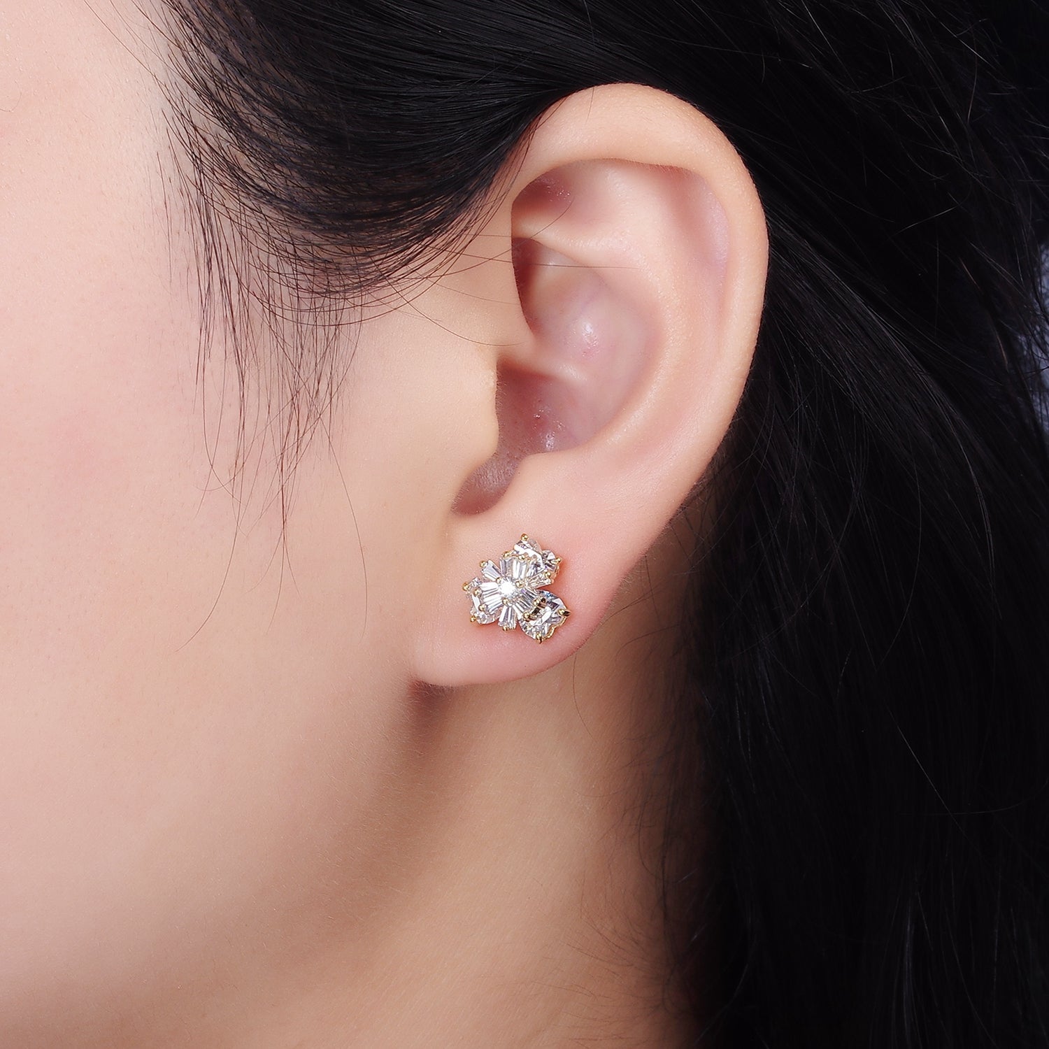 14K Gold Filled 10mm Flower Nature Clear CZ Baguette Stud Earrings | V266