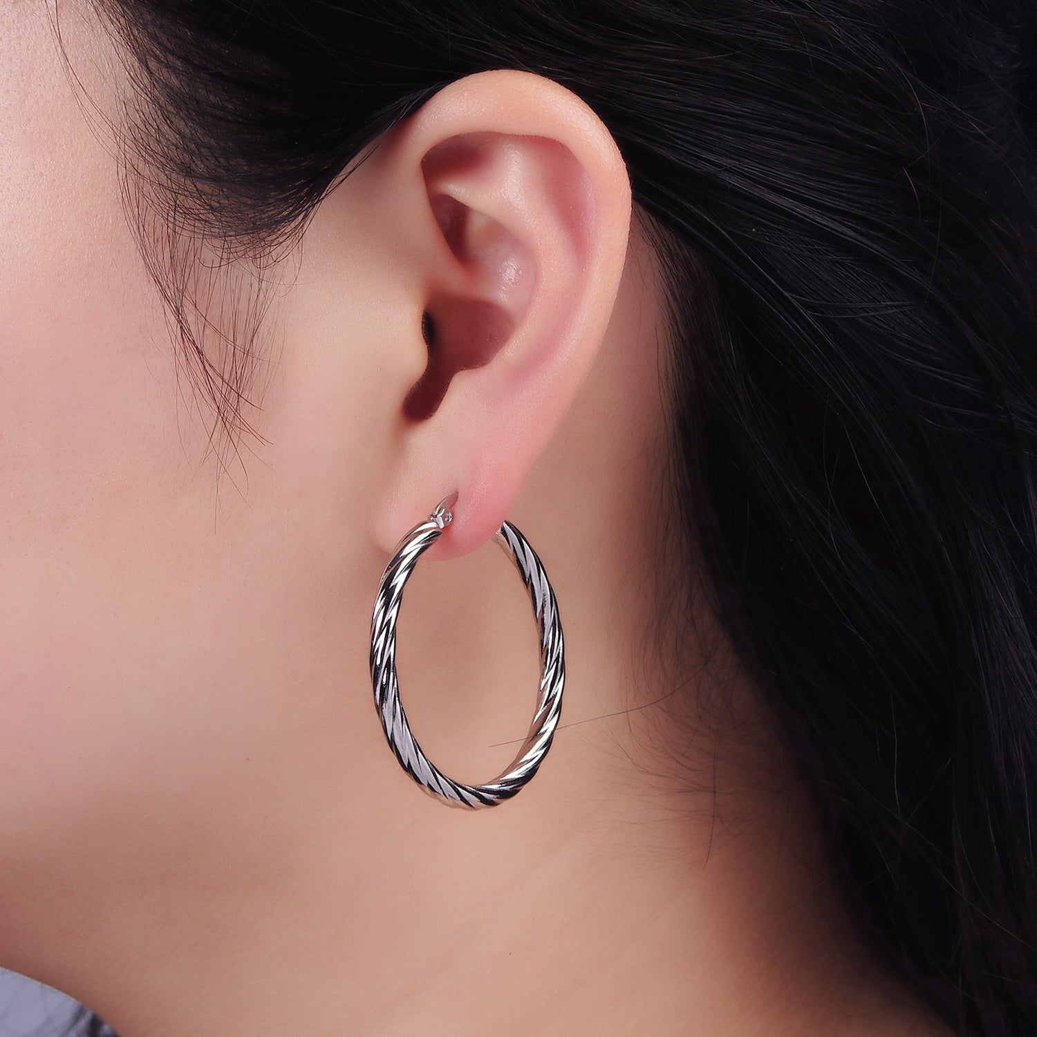 Stainless Steel 40mm Twisted Line-Textured Latch Hoop Earrings | AE247