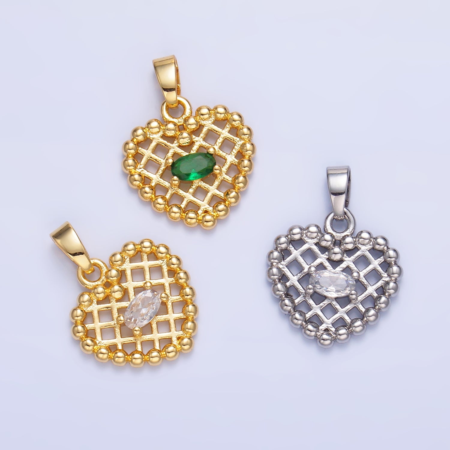 24K Gold Filled Clear, Green CZ Beaded Ball Heart Pendant in Gold & Silver | AA1431 AA1432