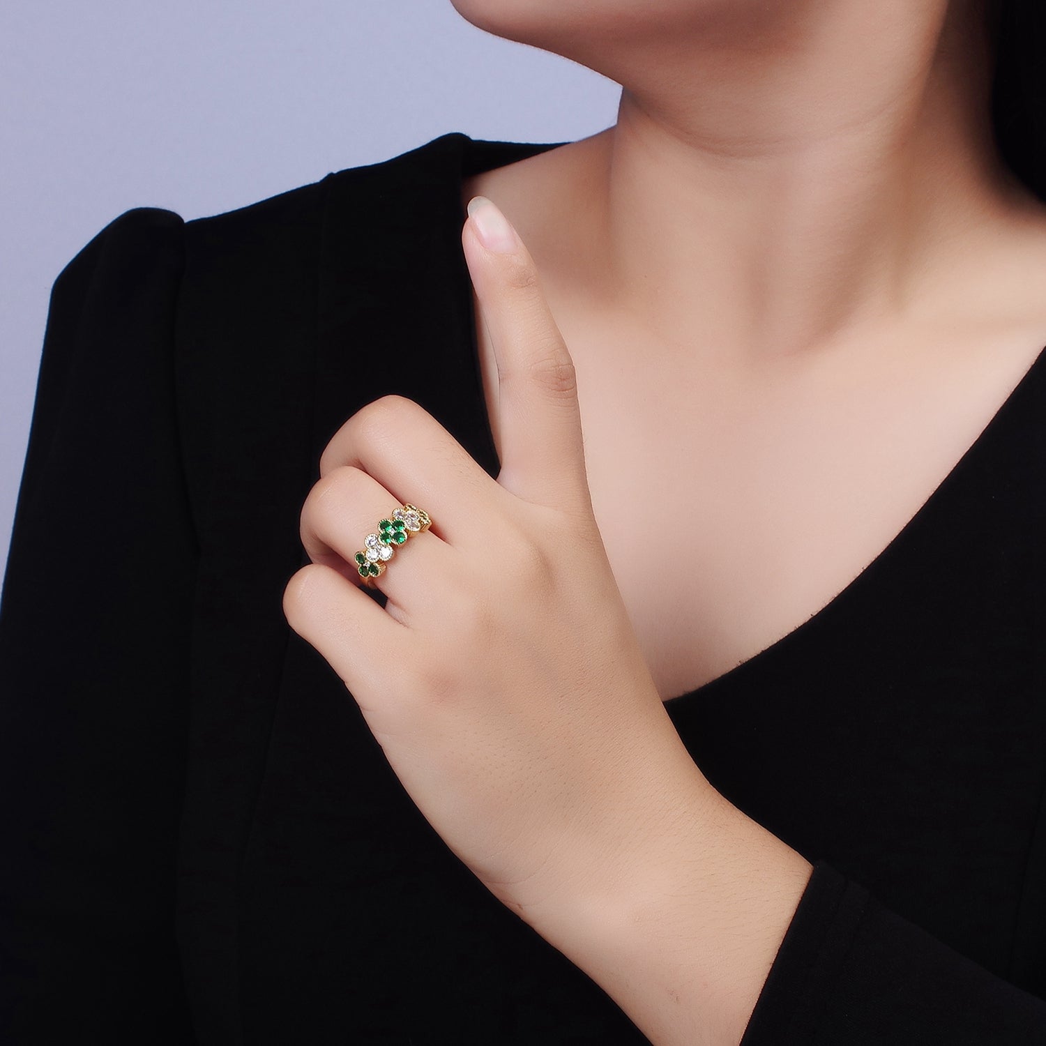 14K Gold Filled Green CZ Quatrefoil Lined Ring | O1213