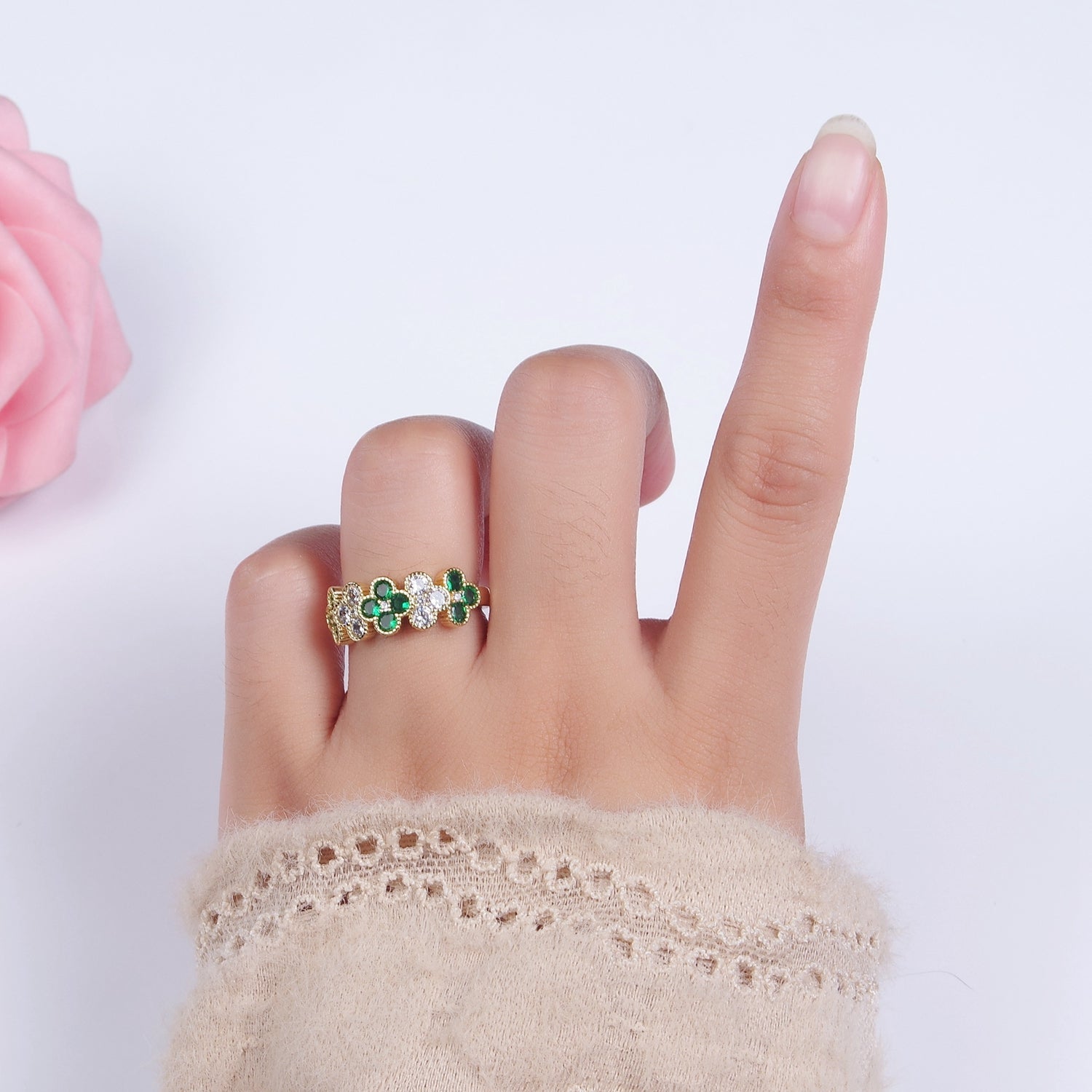 14K Gold Filled Green CZ Quatrefoil Lined Ring | O1213