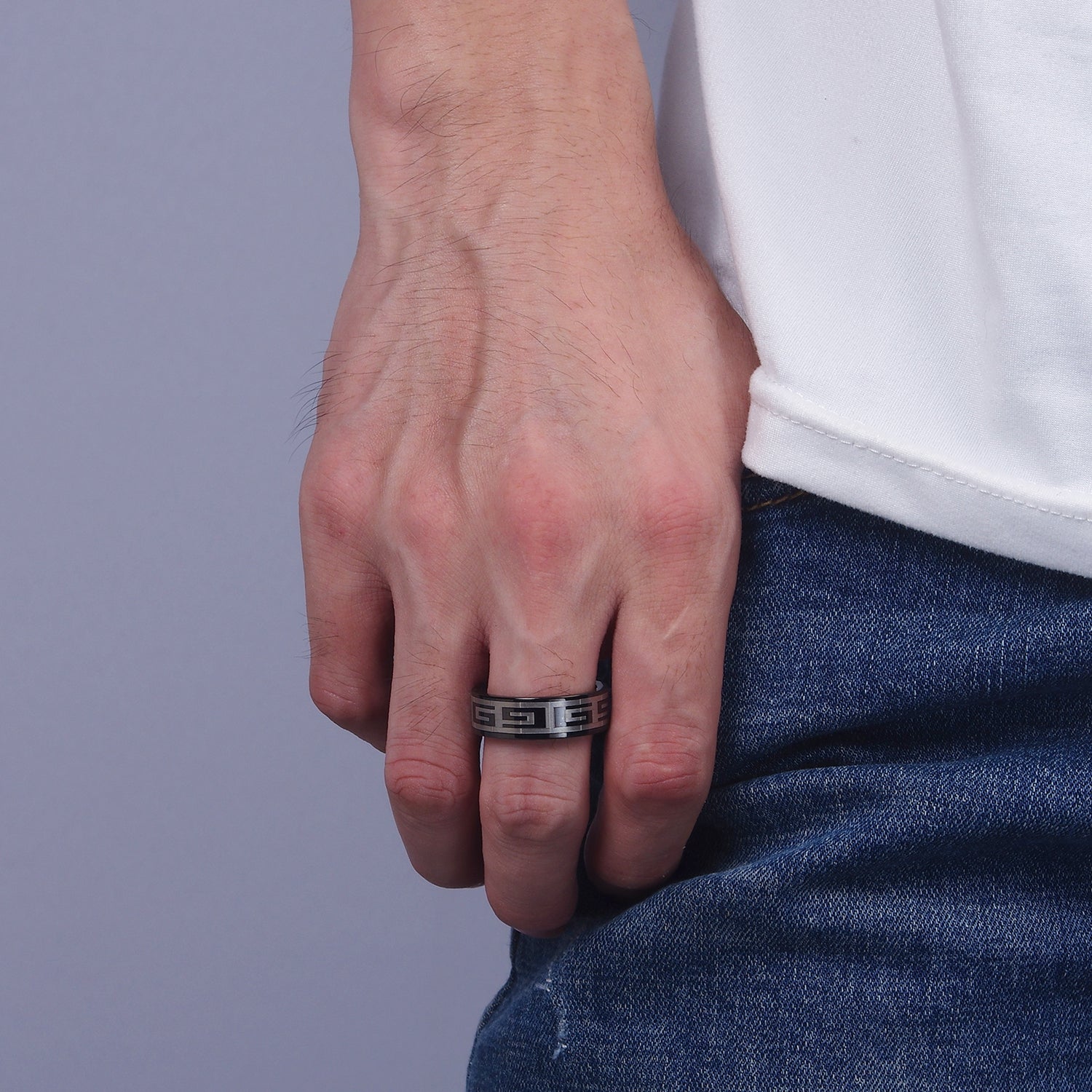 Stainless Steel "G" Lined Mixed Metal Black Band Ring | O1192 - O1194