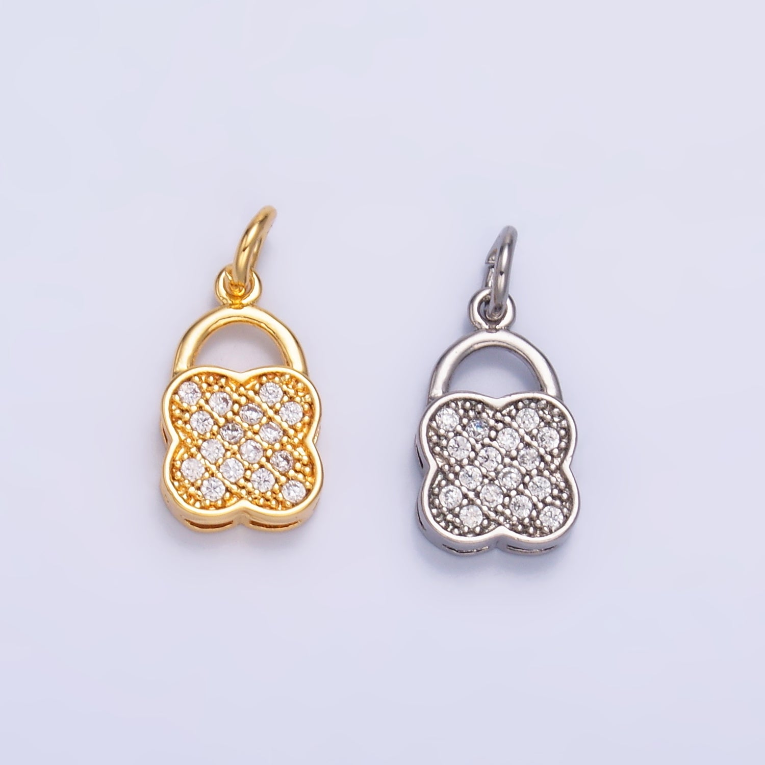 24K Gold Filled Micro Paved Quatrefoil Padlock Charm in Gold & Silver | W870