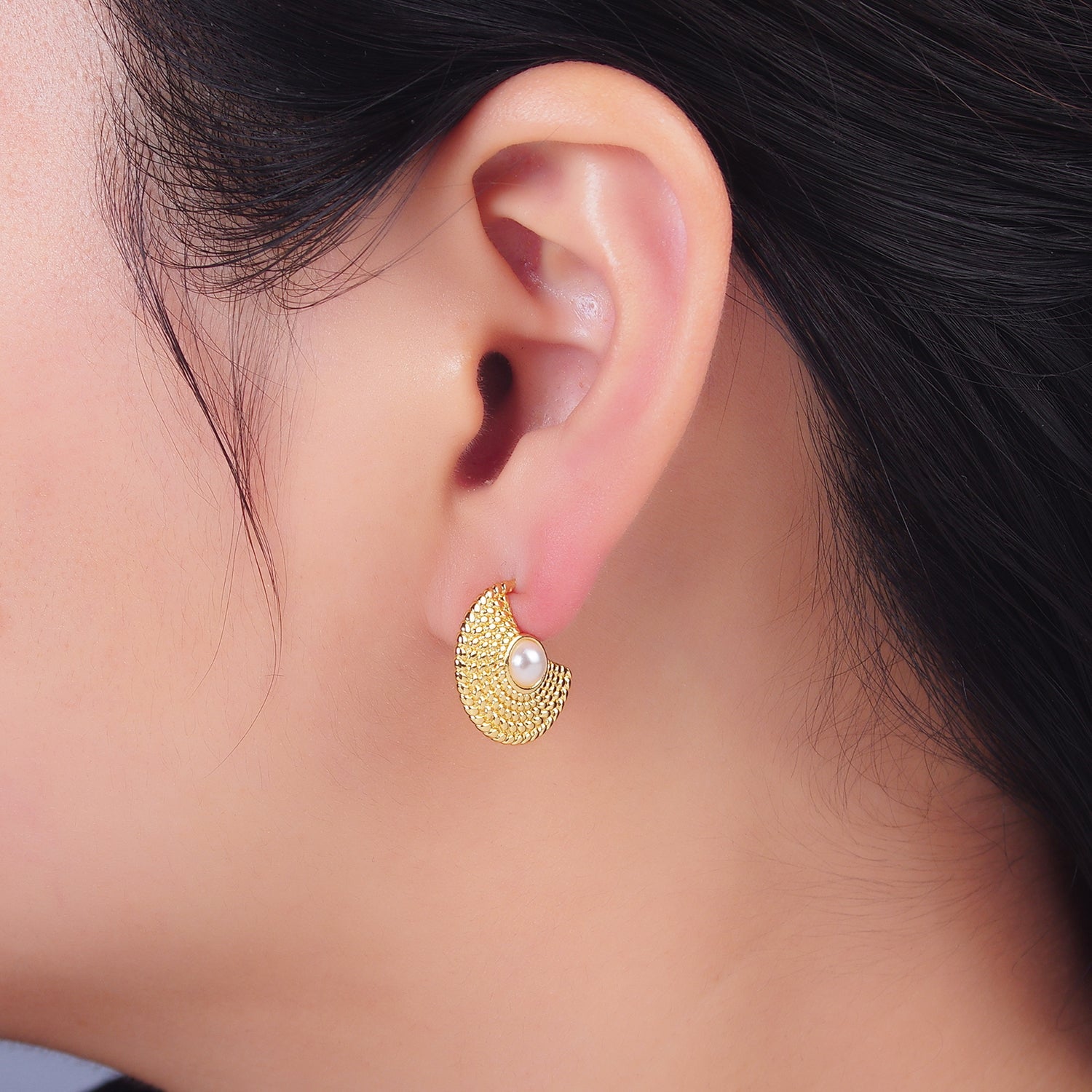 24K Gold Filled Shell Pearl Geometric Dotted C-Shaped Hoop Earrings Set | AB1421