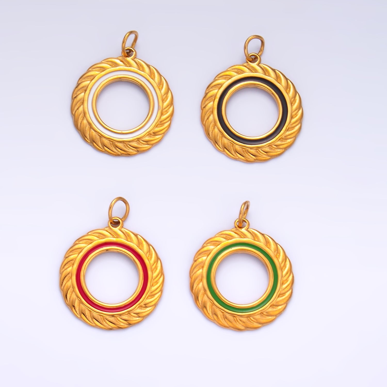 Stainless Steel Black, White, Green, Red Enamel Spiral Open Round Charm | P736 P740