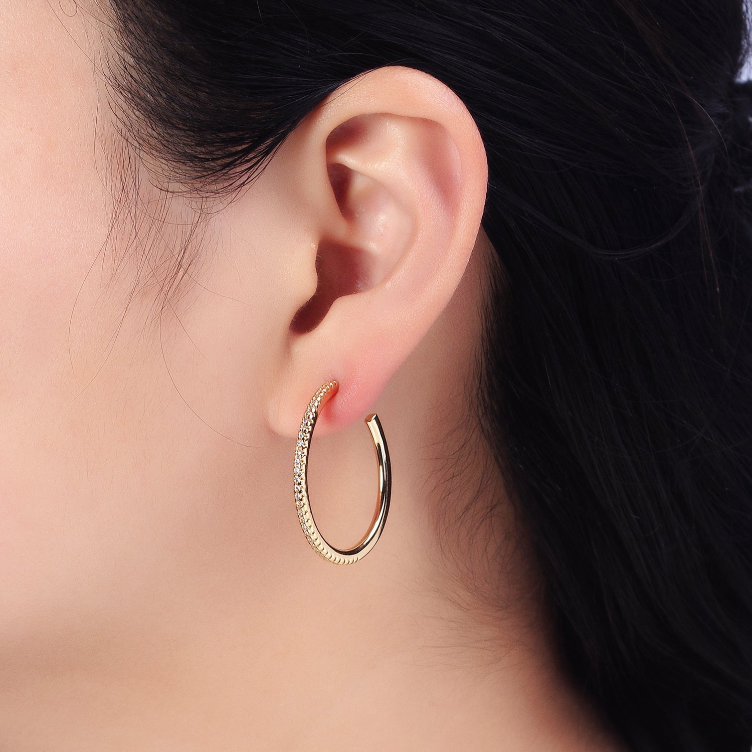 Minimalist Gold Hoop Earring with Micro Pave CZ Stone in Gold, Silver AB471 AB472 AB742 AB747 - DLUXCA