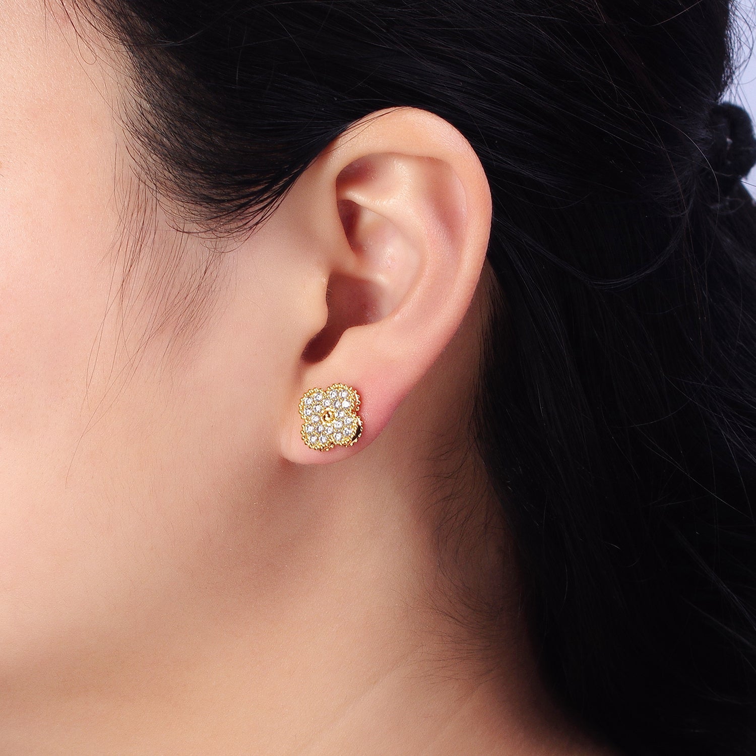 OS 16K Gold Filled Clear Micro Paved CZ Clover Quatrefoil Stud Earrings in Gold & Silver | AB360 AB361