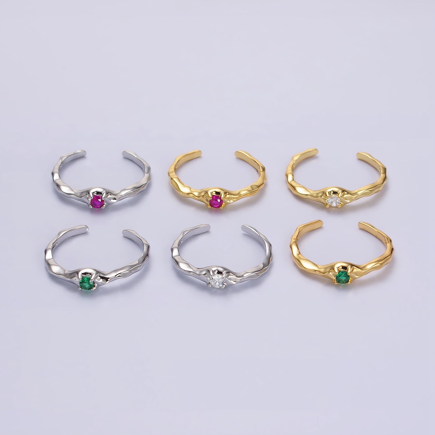 24K Gold Filled Green, Clear, Fuchsia CZ Solitaire Molten Ring in Silver & Gold | O617 - O622 - DLUXCA