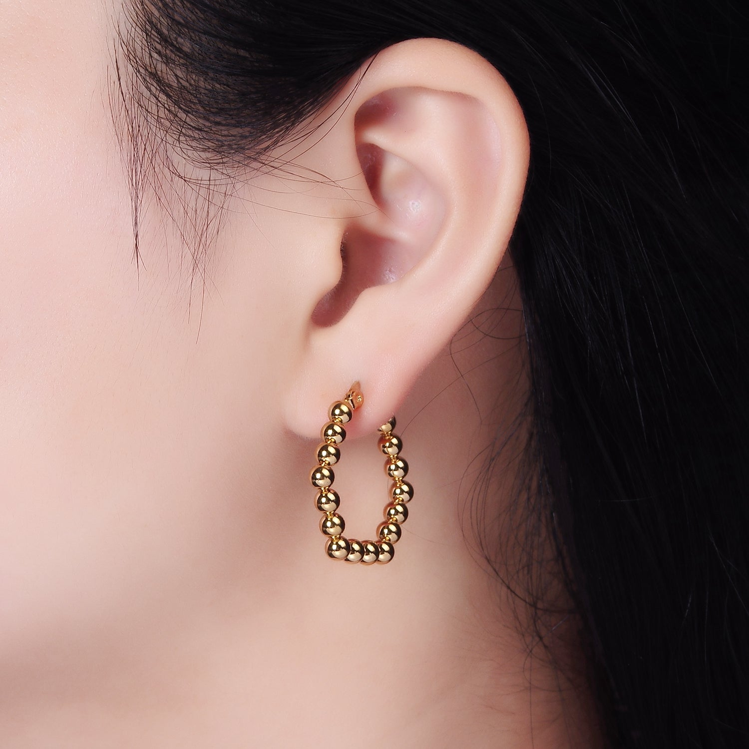 Stainless Steel Beaded Bubble Hexagonal Latch Hoop Earrings | AE334