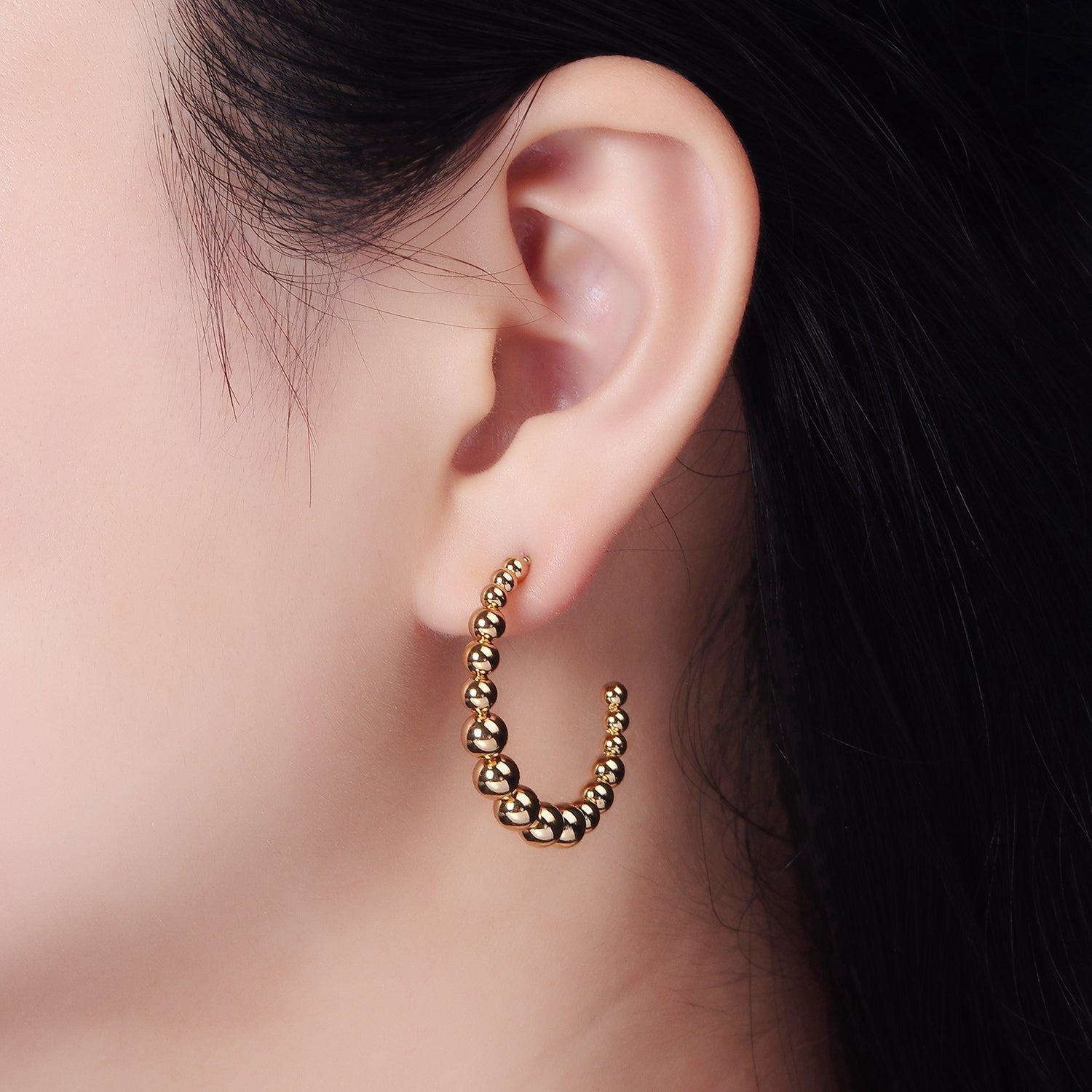 Stainless Steel 35mm Beaded Bubble Ball C-Shaped Hoop Earrings | AE335