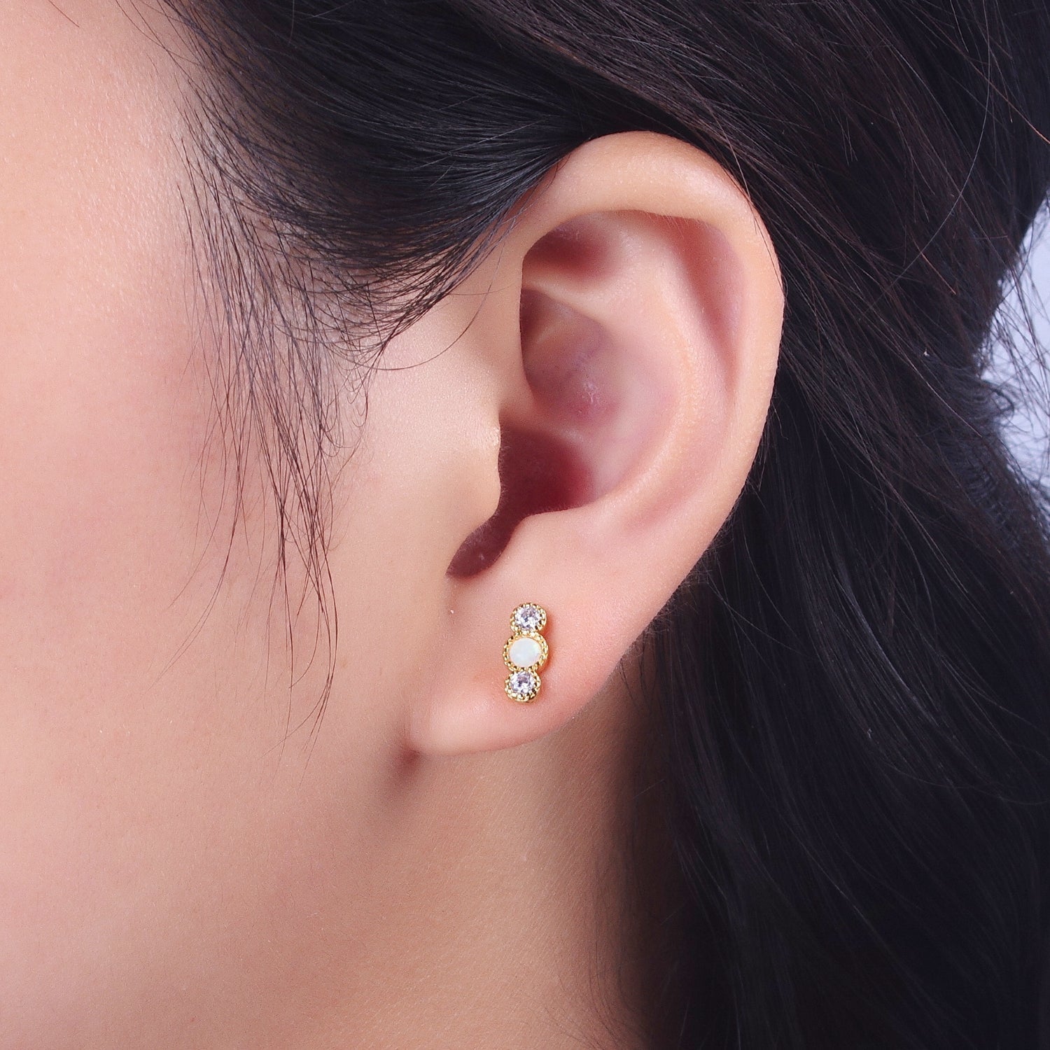 14K Gold Filled Triple Round White Opal Clear Cubic Zirconia Stud Earrings | Y087