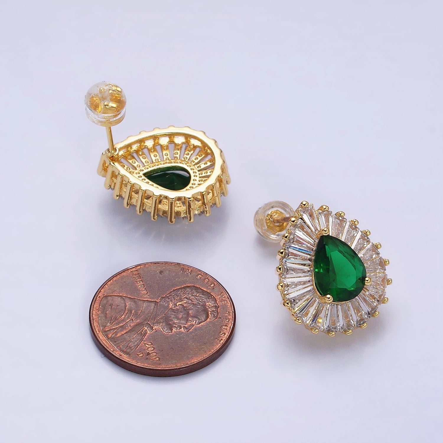 16K Gold Filled Green Teardrop CZ Baguette Stud Earrings in Gold & Silver | AD1084 AD1085 - DLUXCA