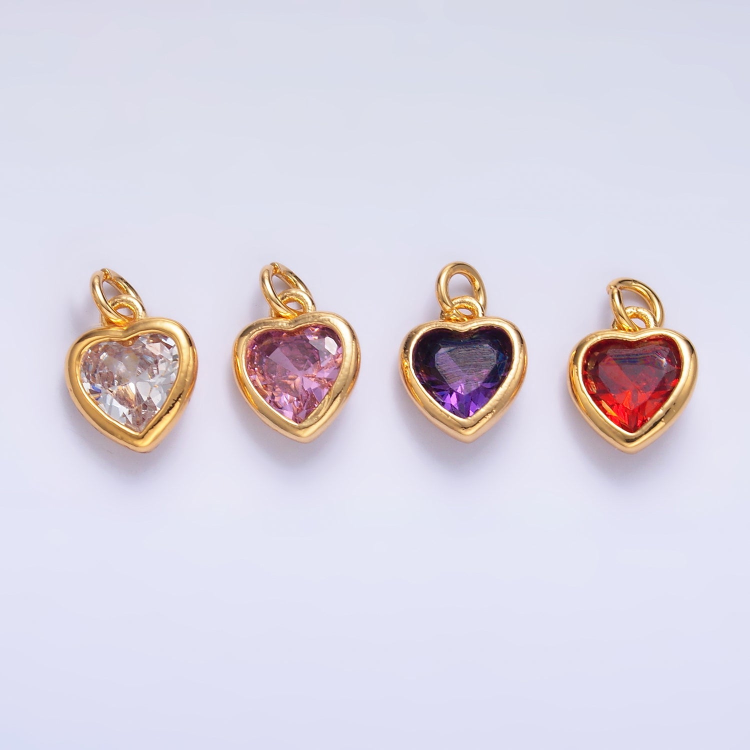 24K Gold Filled Purple, Red, Clear, Pink CZ Heart Bezel Charm | C453 D428