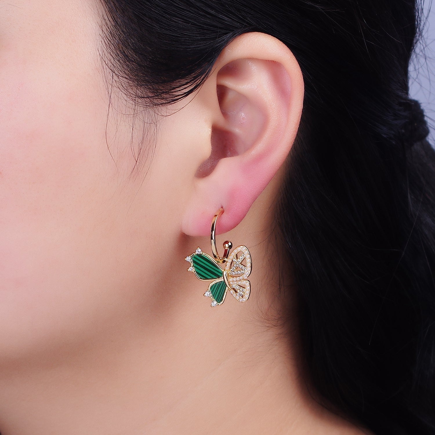 16K Gold Filled Pearl Malachite Butterfly Wings Drop C-Shaped Hoop Earrings in Gold & Silver | AD976 AD977 - DLUXCA