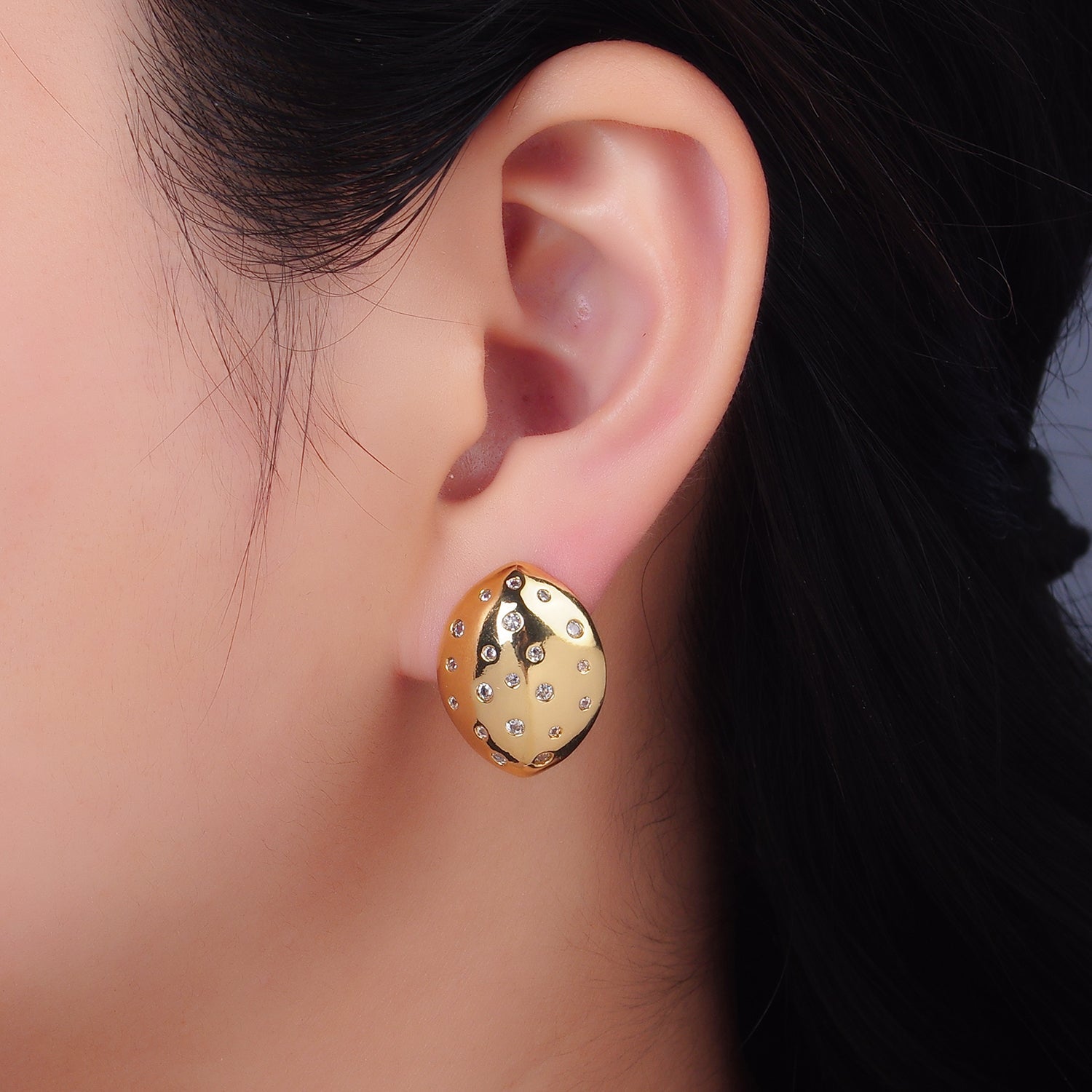 24K Gold Filled CZ Dotted Geometric Oval Stud Earrings | AB078