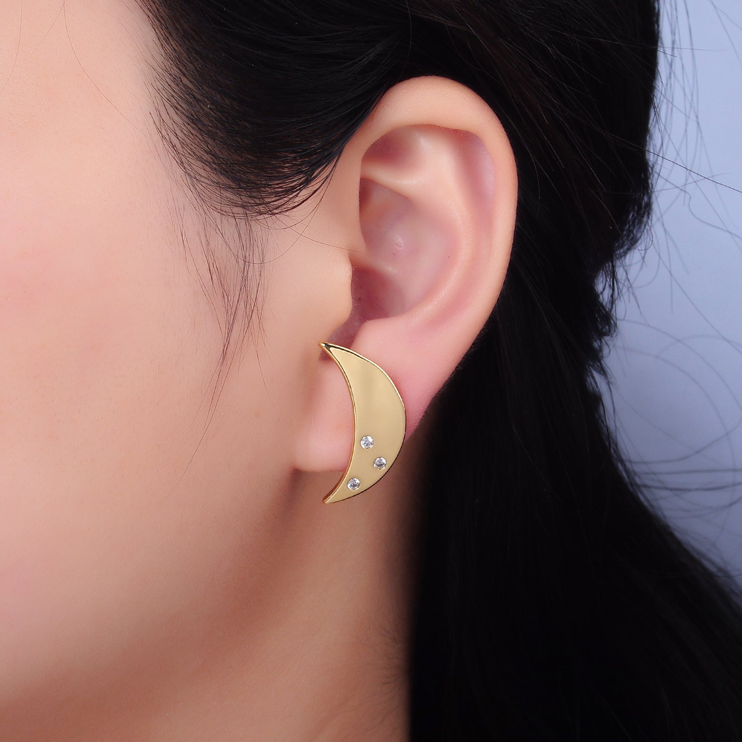 24K Gold Filled Clear CZ Celestial Crescent Moon Stud Earrings | AB081