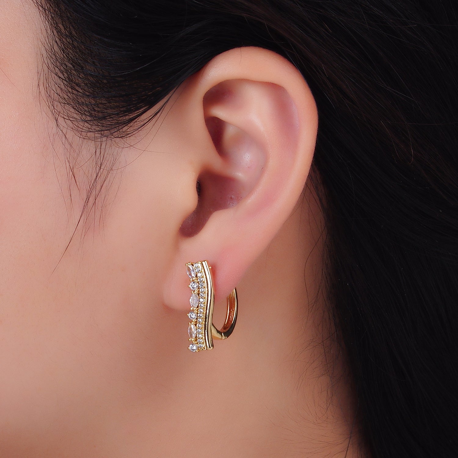 24K Gold Filled Marquise Micro Paved CZ Linear Huggie Earrings | AB687