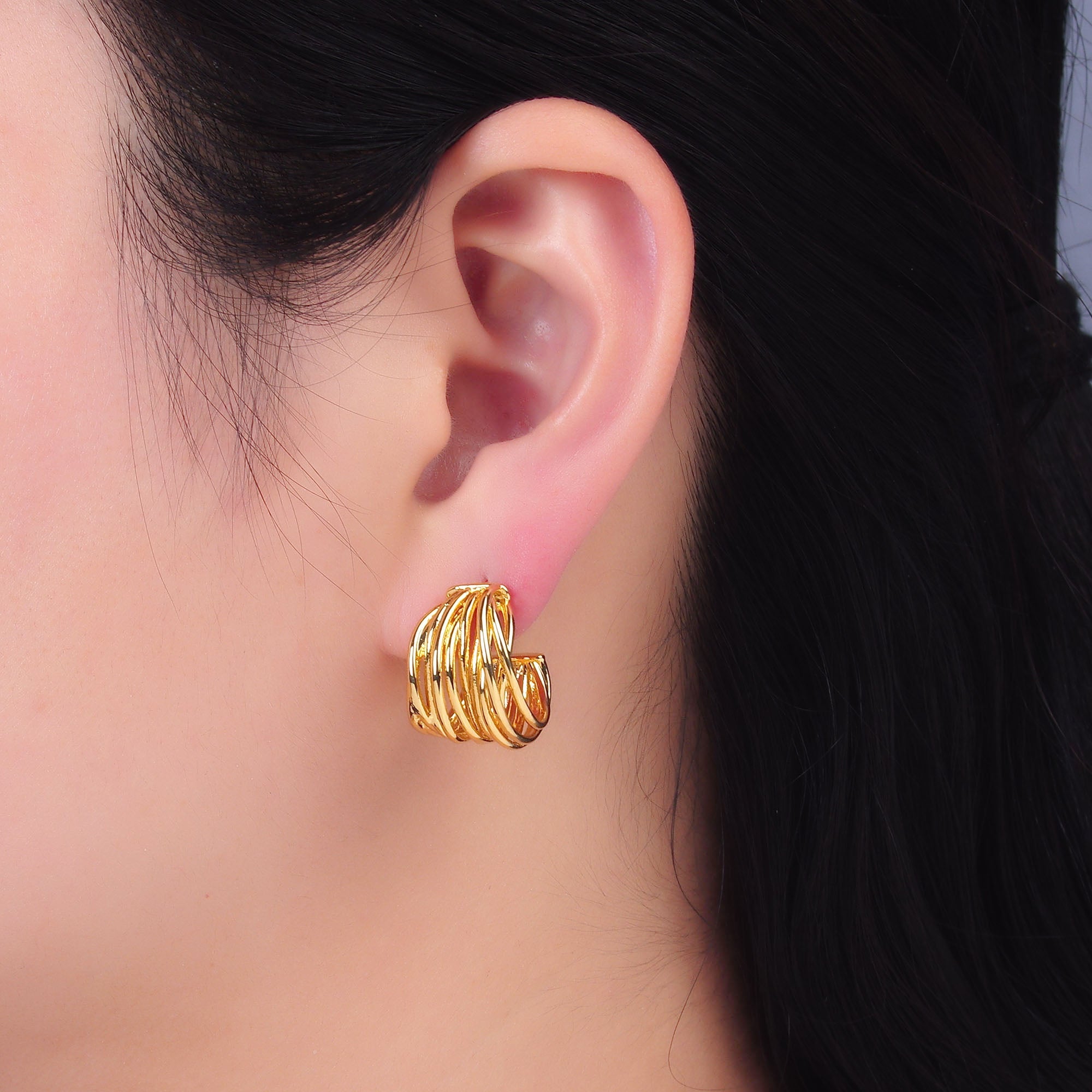 24K Gold Filled 22mm Multiple Linear Lined C-Shaped Hoop Earrings | AB1107