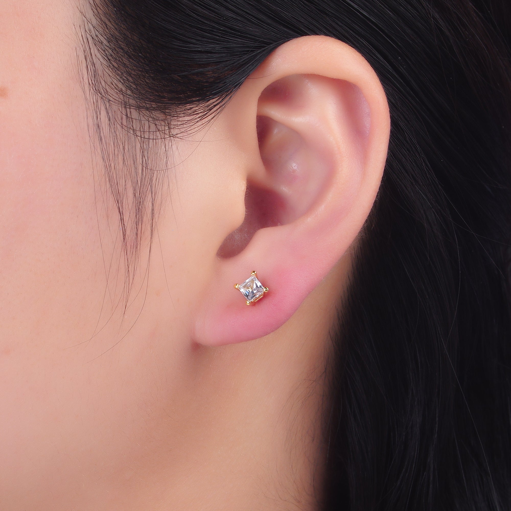 24K Gold Filled 5mm, 6mm, 7mm, 9mm Clear CZ Square Baguette Stud Earrings | AB168 - AB185