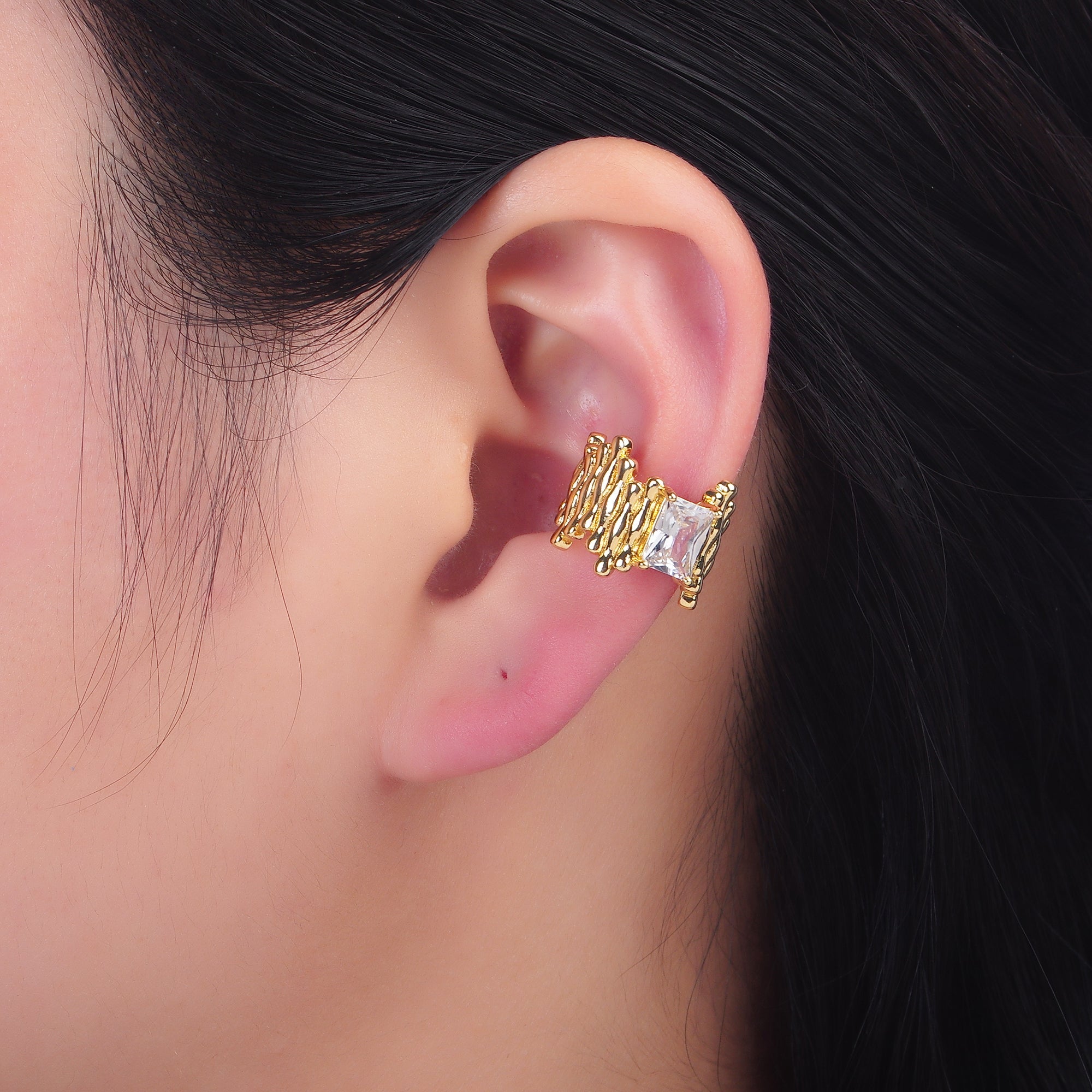 24K Gold Filled Baguette CZ Molten Linear Ear Cuff Earring | AI173