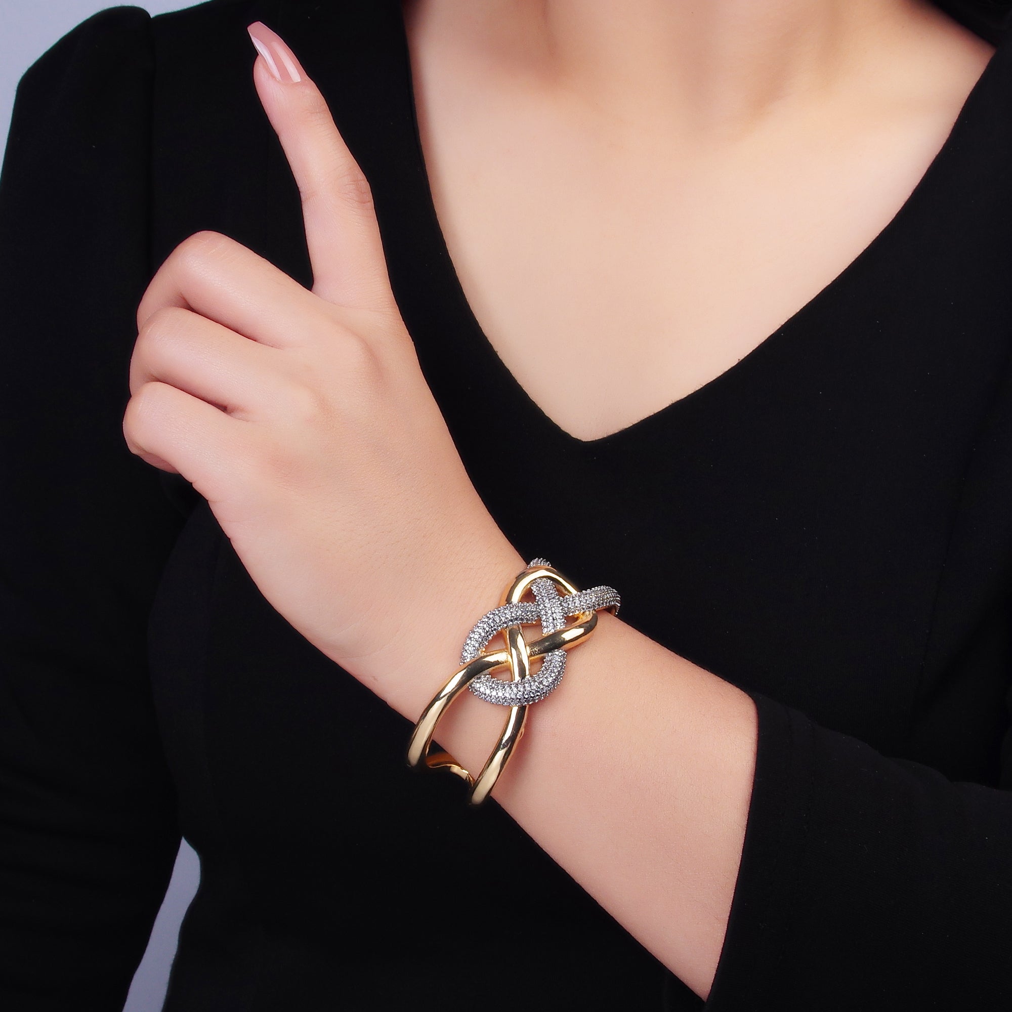 24K Gold Filled Micro Paved CZ Mixed Metal Artisan Band Cuff Bracelet | WA-2725