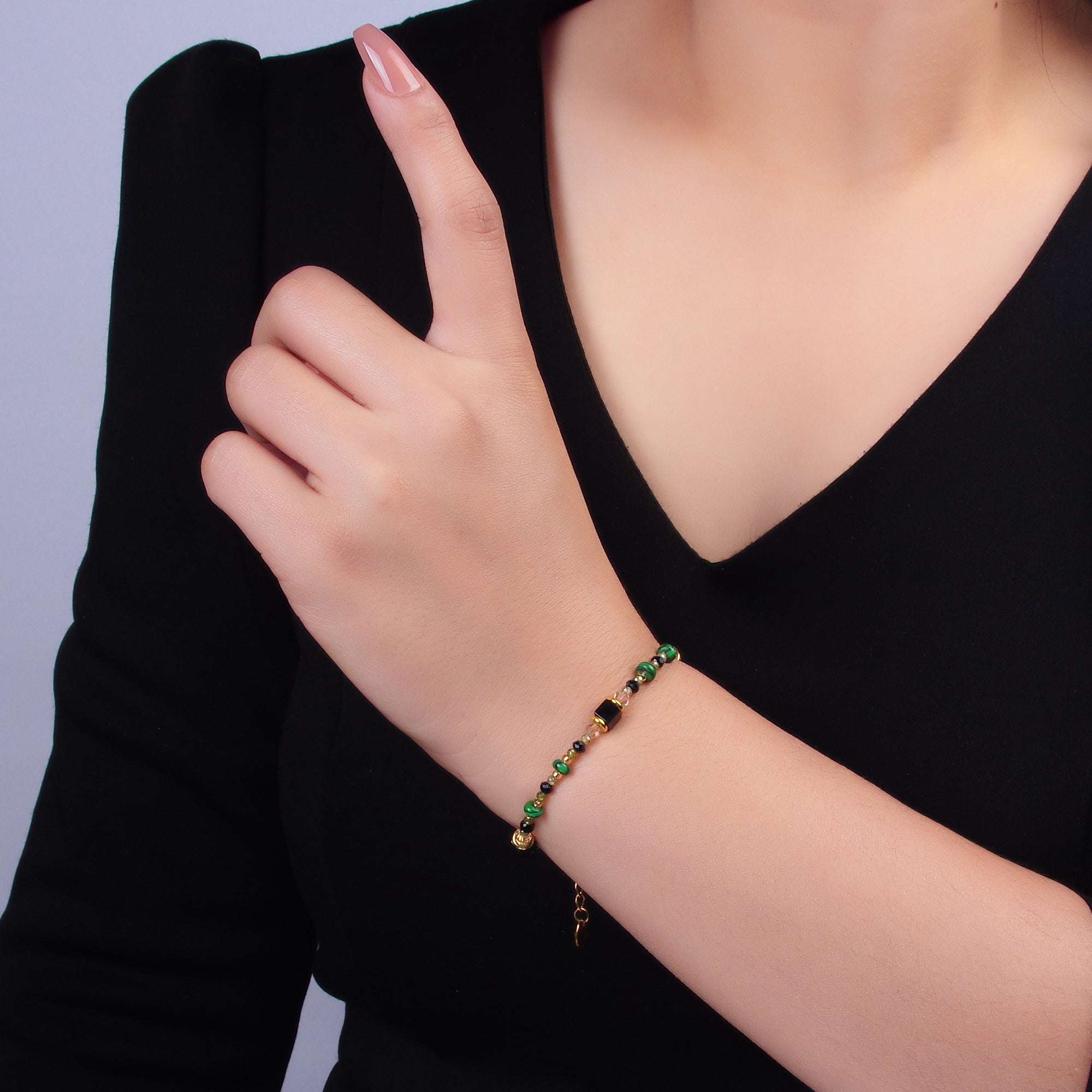 Stainless Steel Black Green Natural Gemstone 7 Inch Bracelet | WA-3115