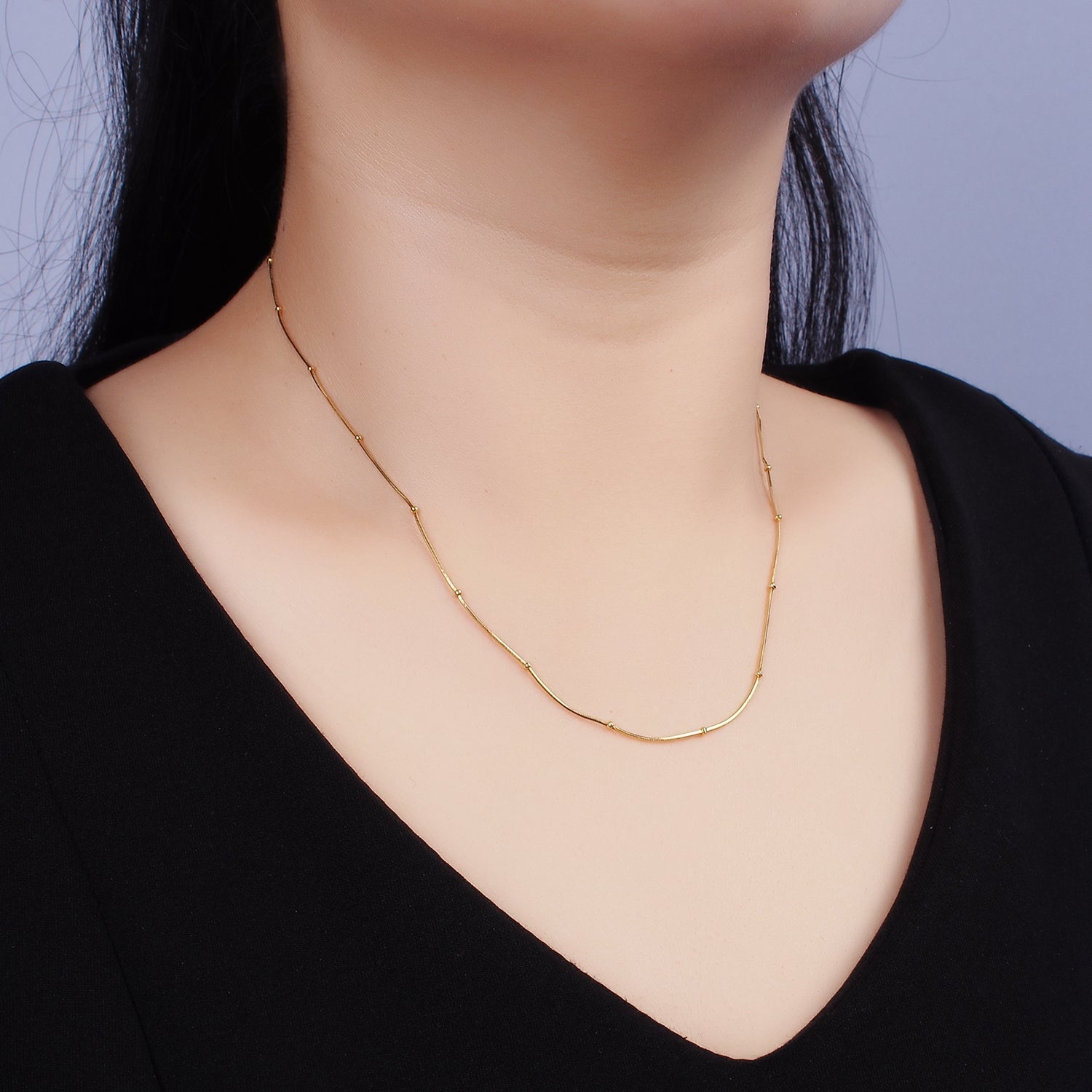 Dainty 24K Gold Vermeil Satellite Chain Necklace 925 Sterling Silver Snake Necklace Chain w/ Heavy 24K Gold Plated 15.35 inch + 2 inch extender | WA1983 - DLUXCA