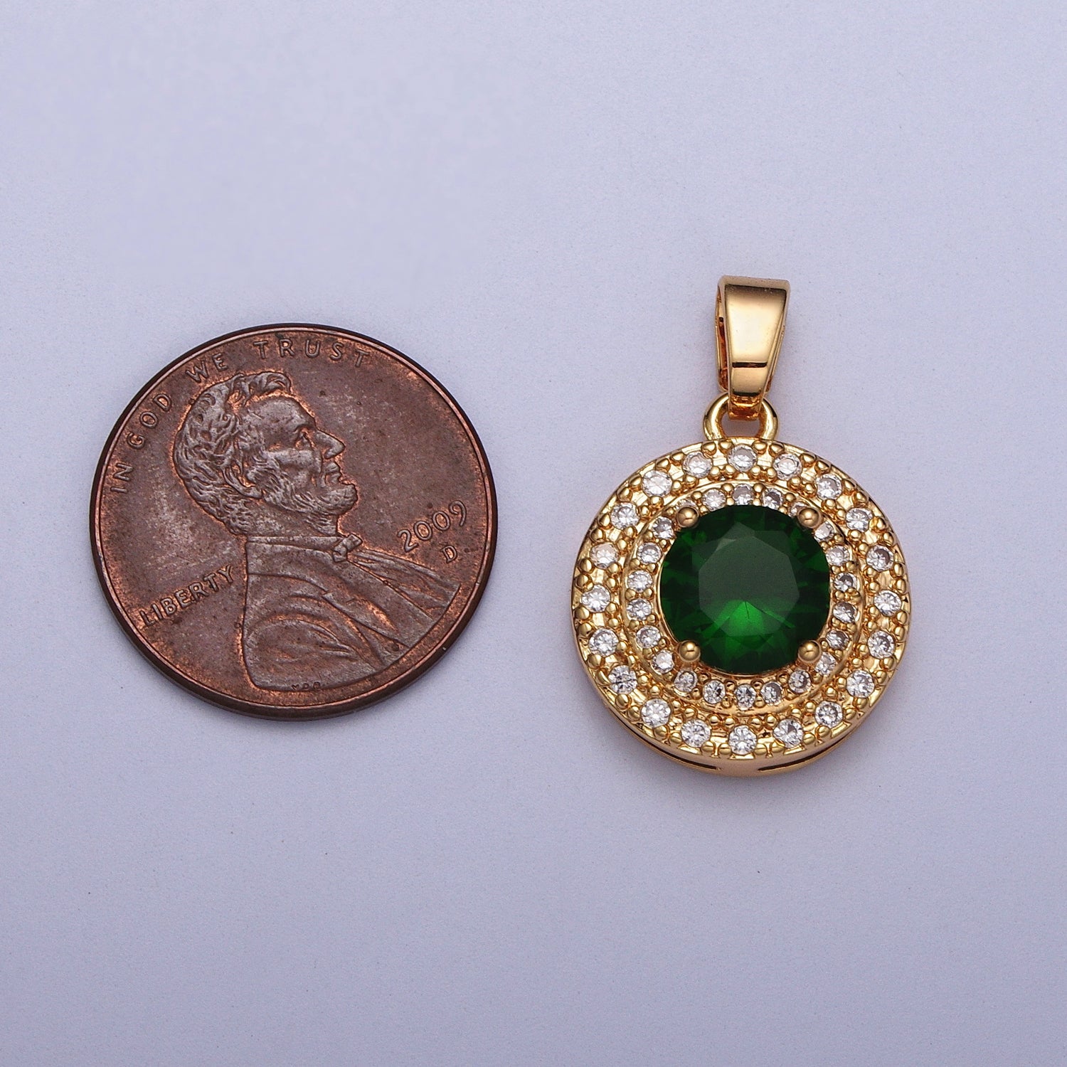 Clear, Red, Blue, Green CZ Micro Paved Round Gold Pendant | AA014 - AA017