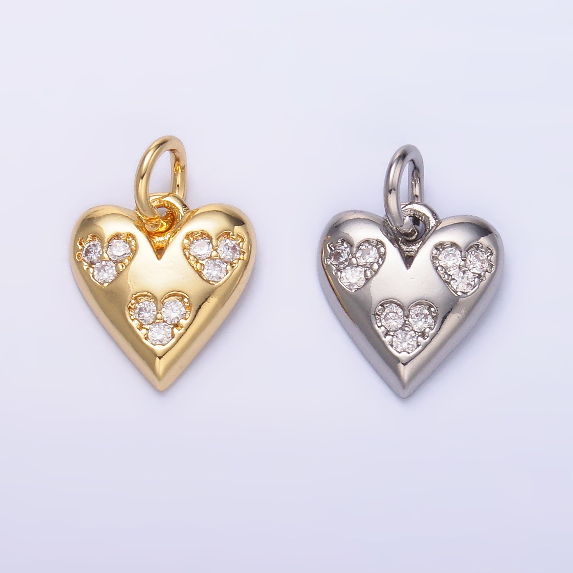 24K Gold Filled Triple Micro Paved CZ Heart Charm in Gold & Silver | C475
