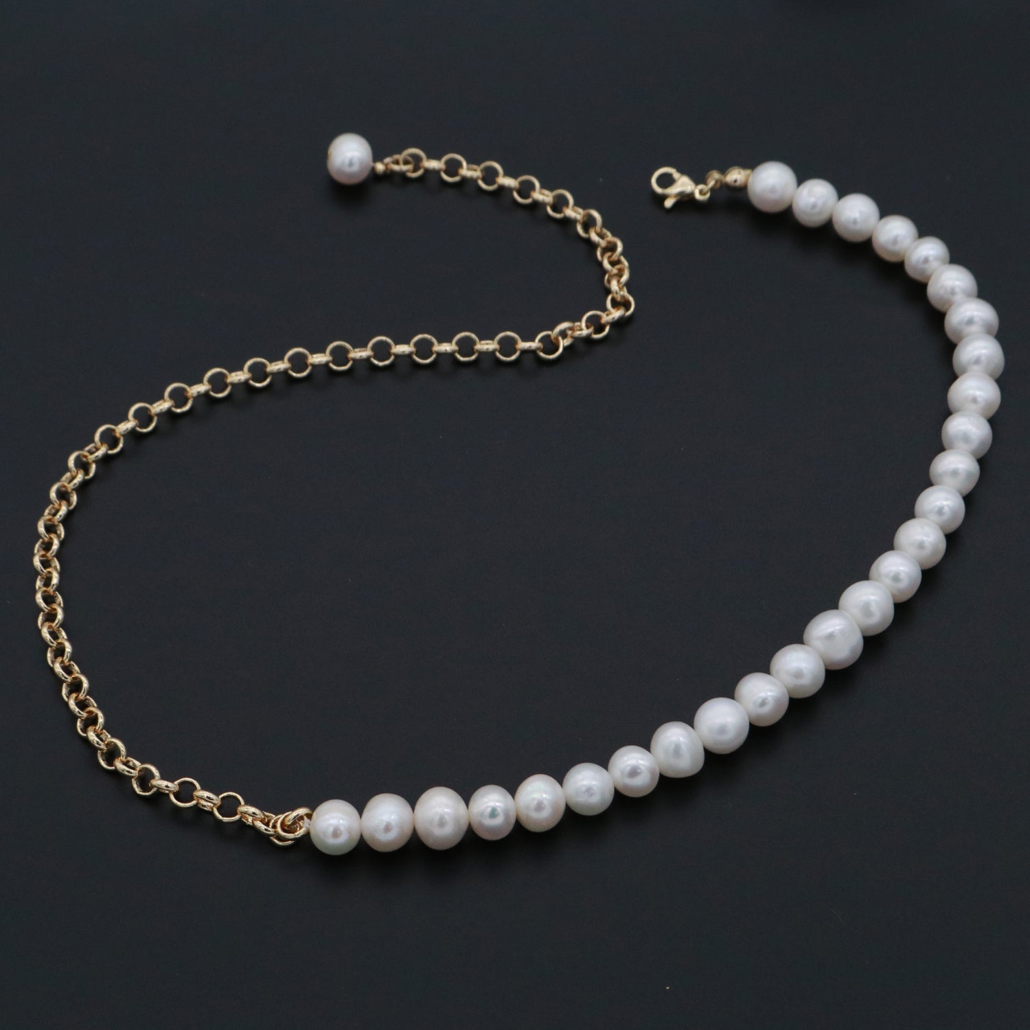 Fusion Baroque Fresh Water Pearl Gold Rolo Chain Link Necklace Unisex Jewelry - DLUXCA